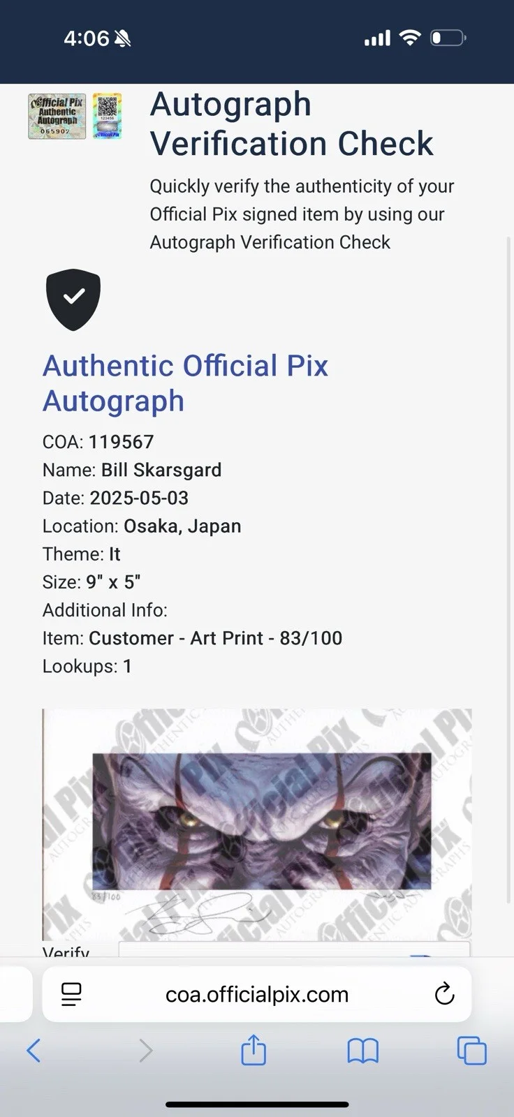 Tim Curry, Bill Skarsgard — Tim Curry Signed IT Print Bill Skarsgard Signed Pennywise Print Edmiston EWAF 2, image 3