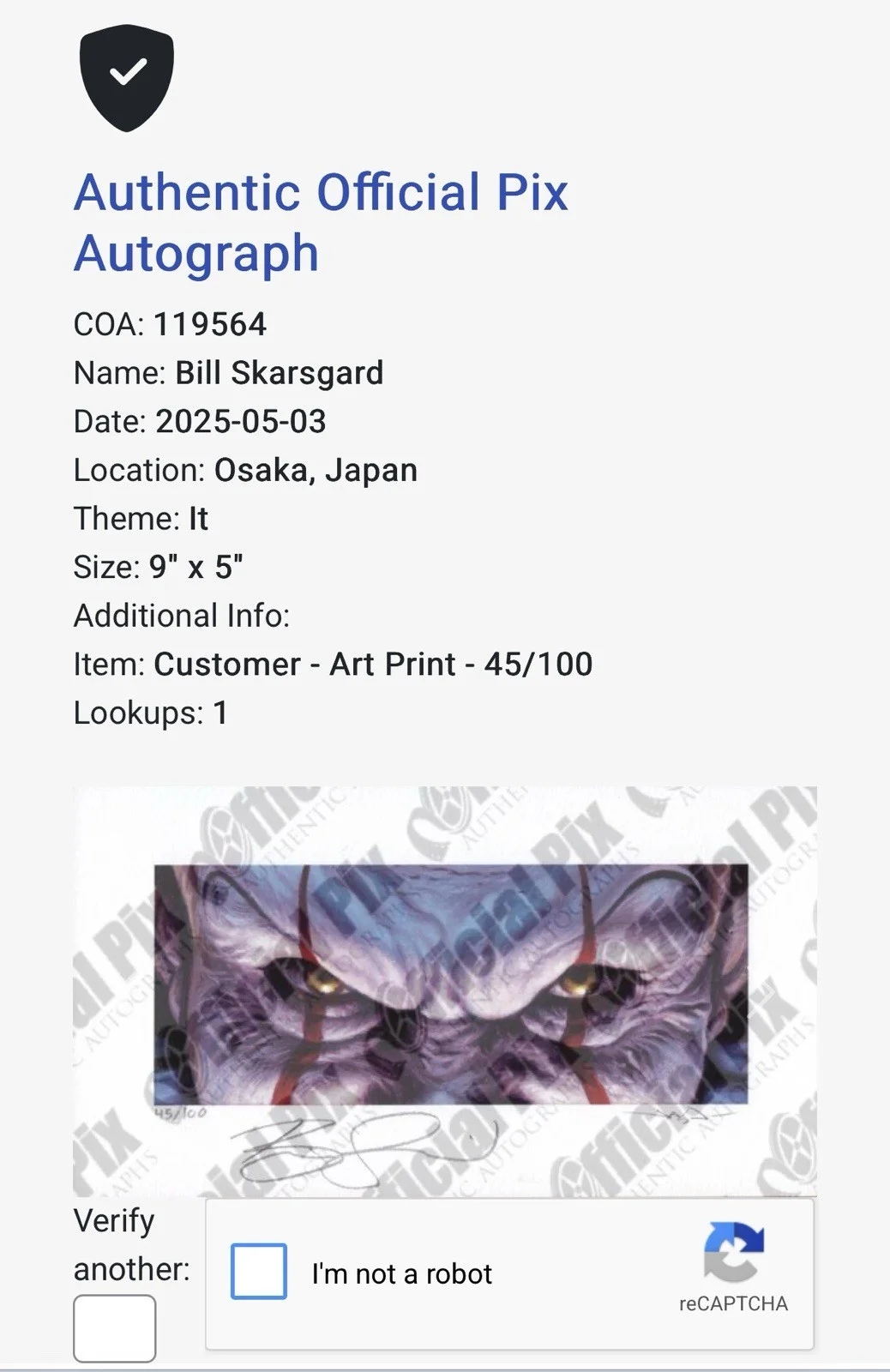 Tim Curry, Bill Skarsgard — Tim Curry Signed IT Print Bill Skarsgard Signed Pennywise Print Edmiston EWAF, image 3