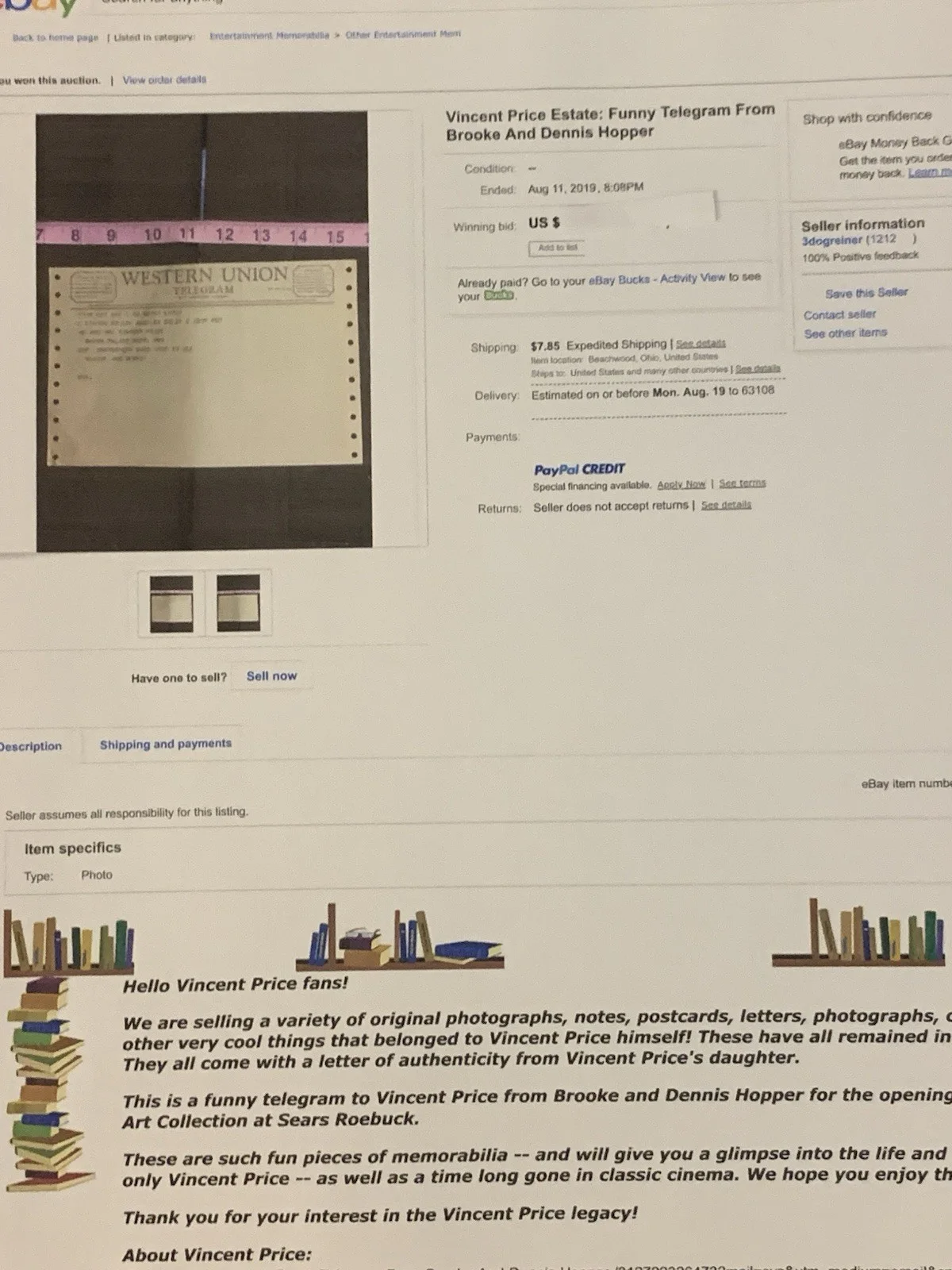 Vincent Price Estate Funny 1962 Telegram From Dennis Hopper! 17p, image 4