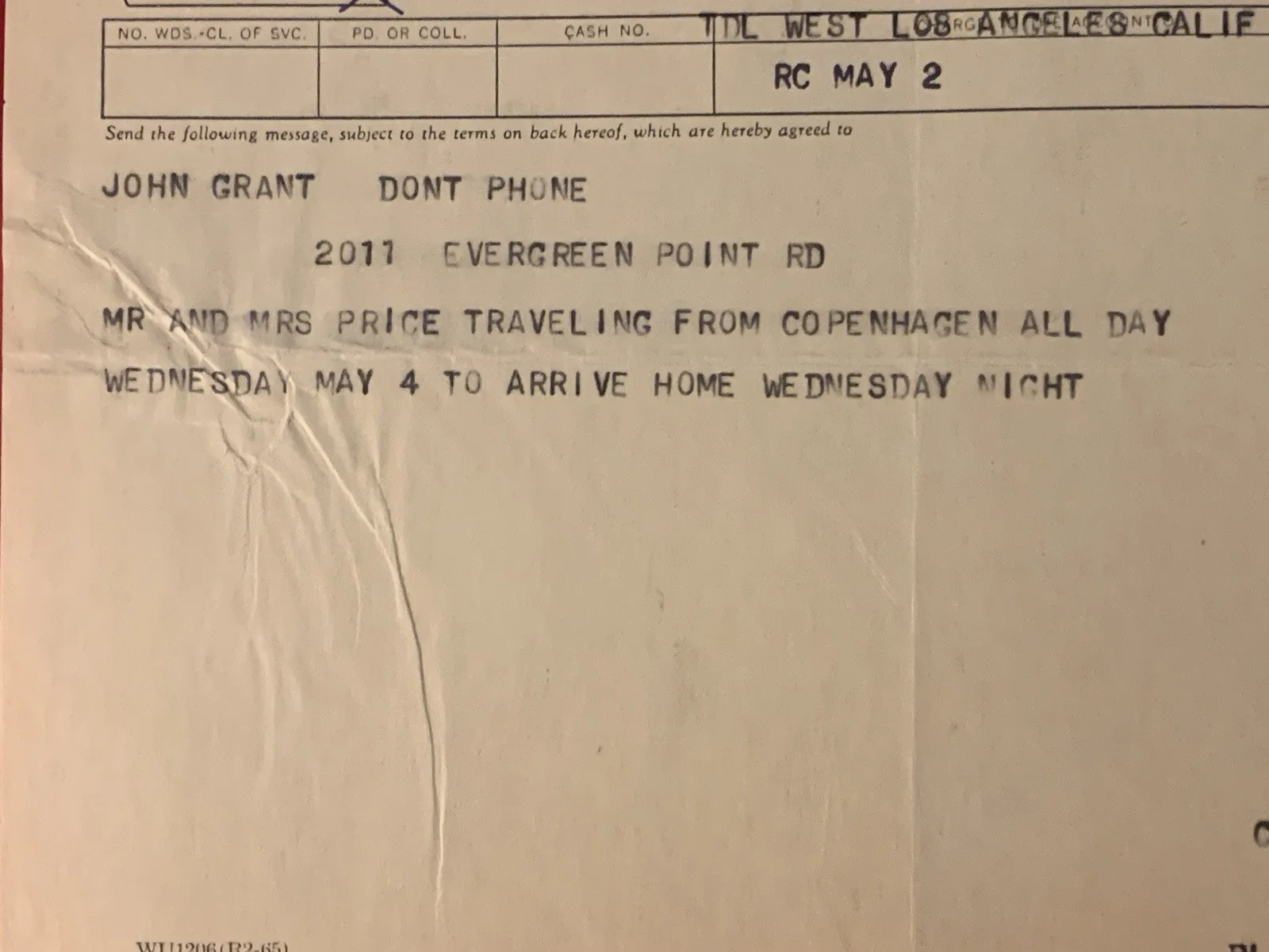 Vincent Price Estate Telegram To Johnny Grant Postponing Appointment! 17o, изображение 2
