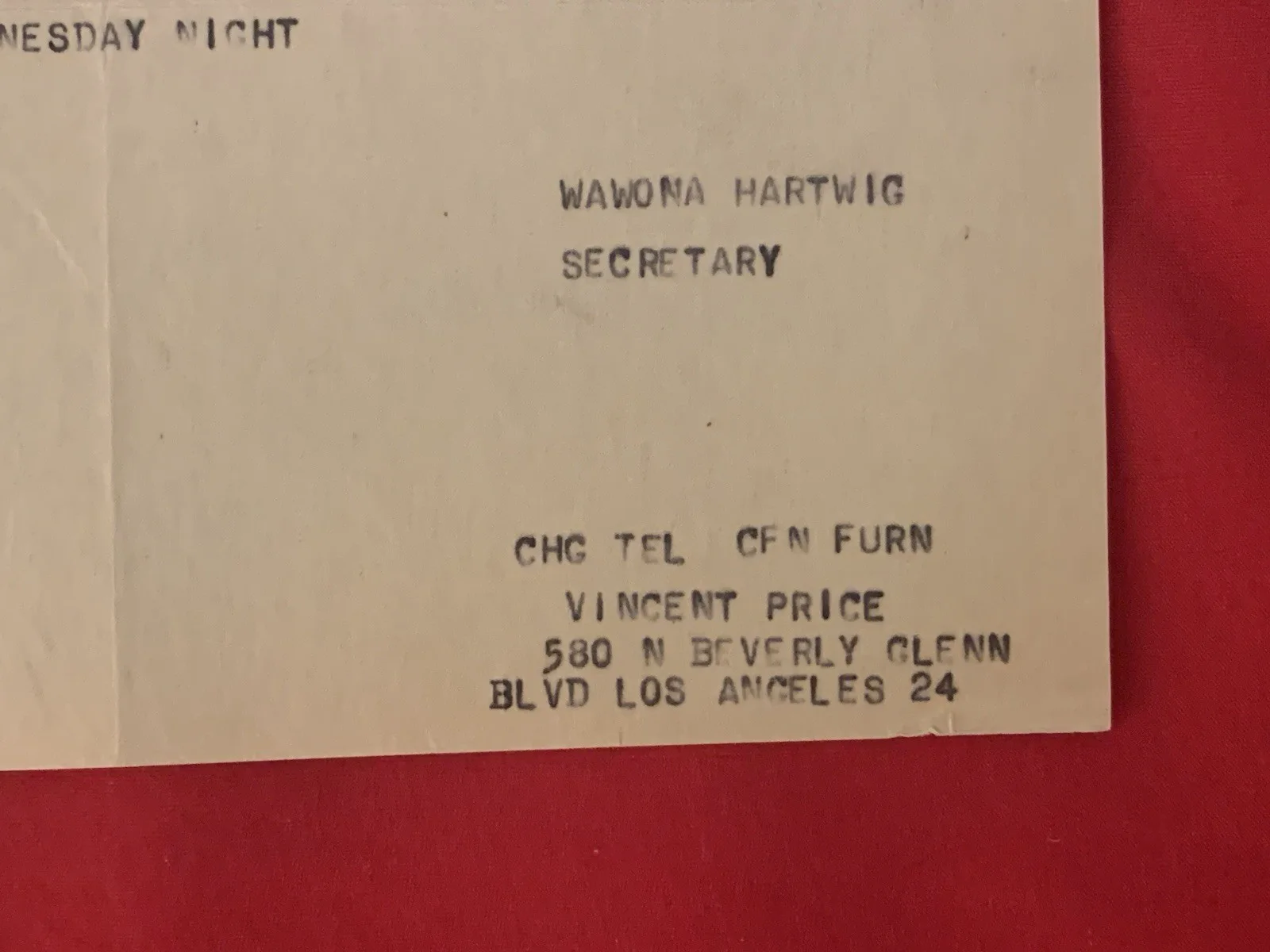 Vincent Price Estate Telegram To Johnny Grant Postponing Appointment! 17o, изображение 3