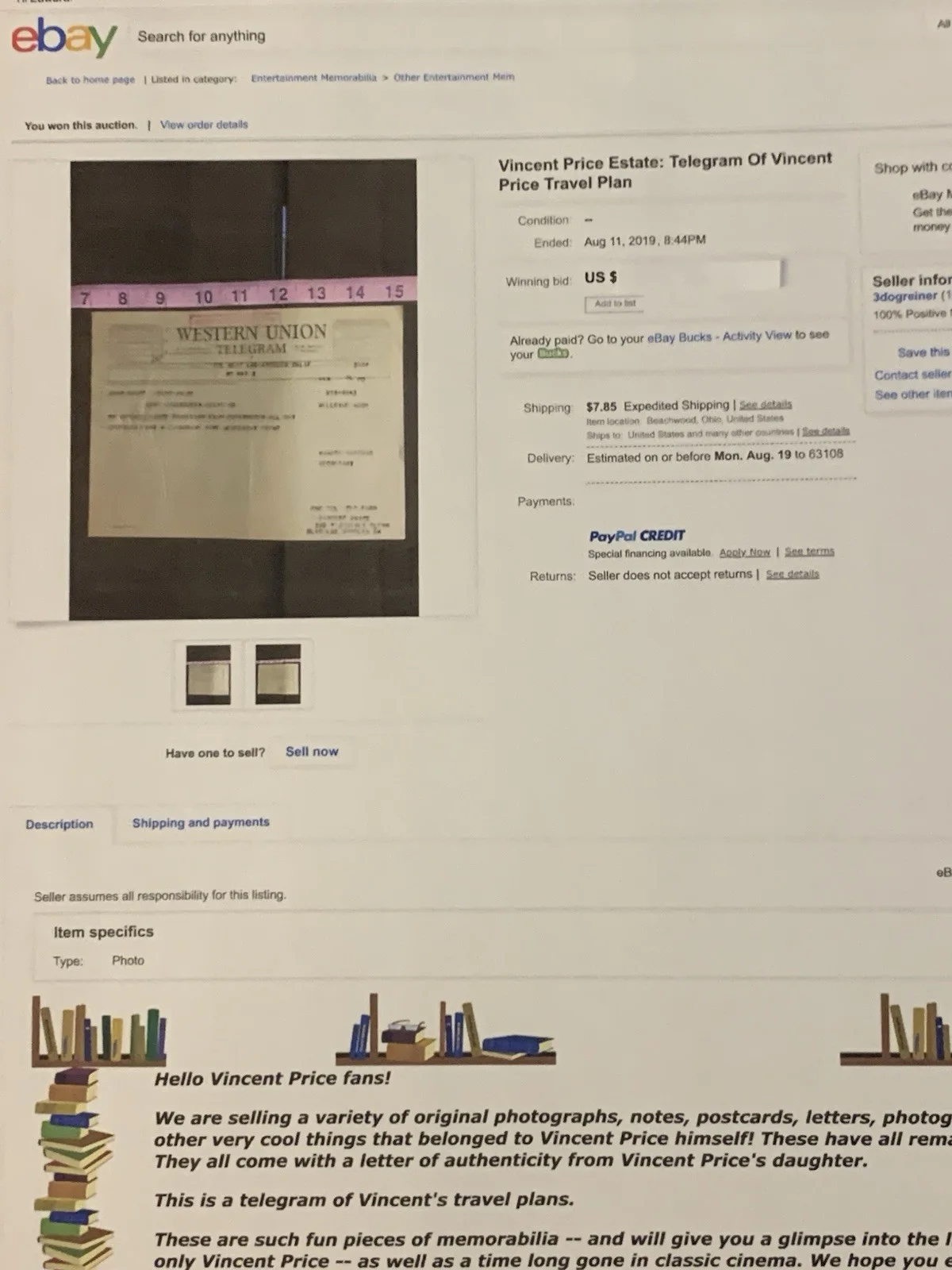 Vincent Price Estate Telegram To Johnny Grant Postponing Appointment! 17o, изображение 5
