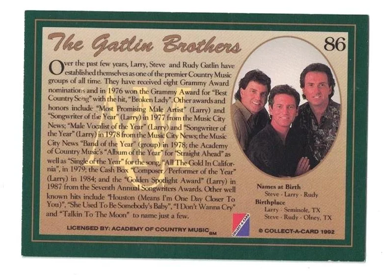 Larry Gatlin Signed Autographed 1992 Country Classics Card Singer, image 2