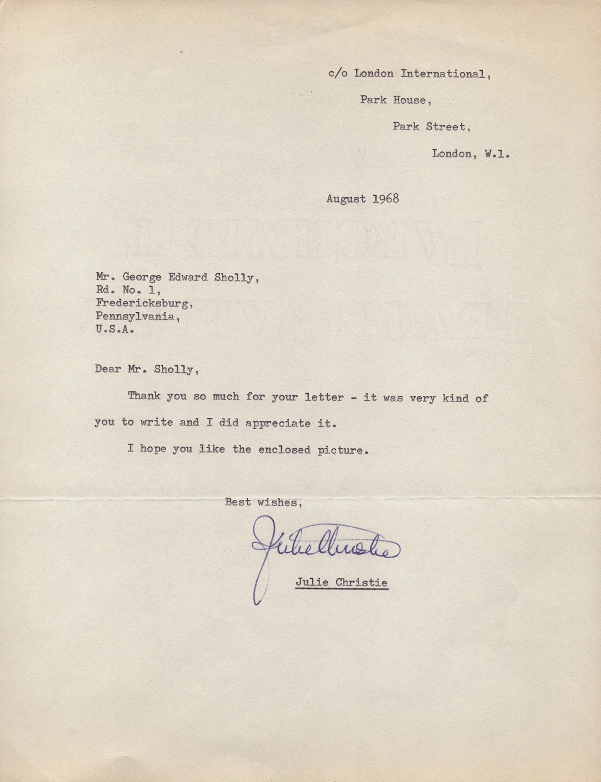 Julie Christie — JULIE CHRISTIE - TYPED LETTER SIGNED 8/1968