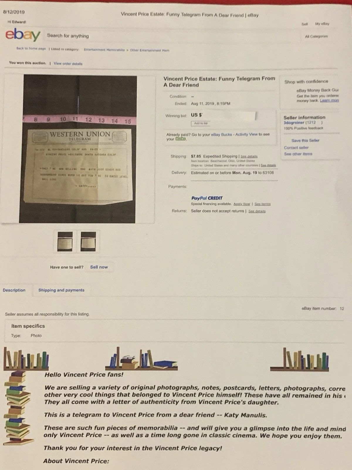 Vincent Price Estate Funny 1955 Telegram To Vincent Price! 17n, изображение 3