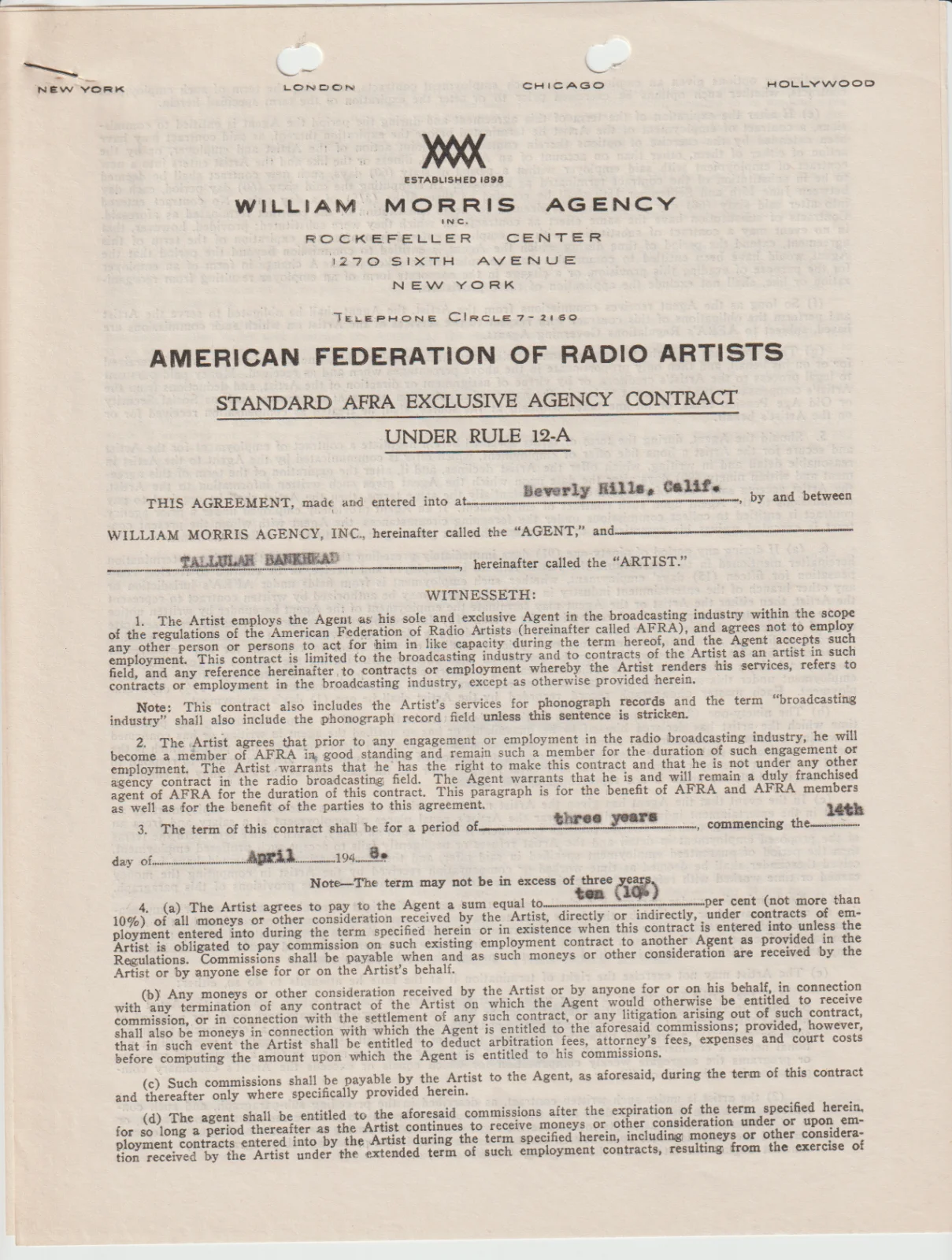 Talullah Bankhead — 1948 DOCUMENT SIGNED by TALUKLLAH BANKHEAD - Actress - William Morris Agency