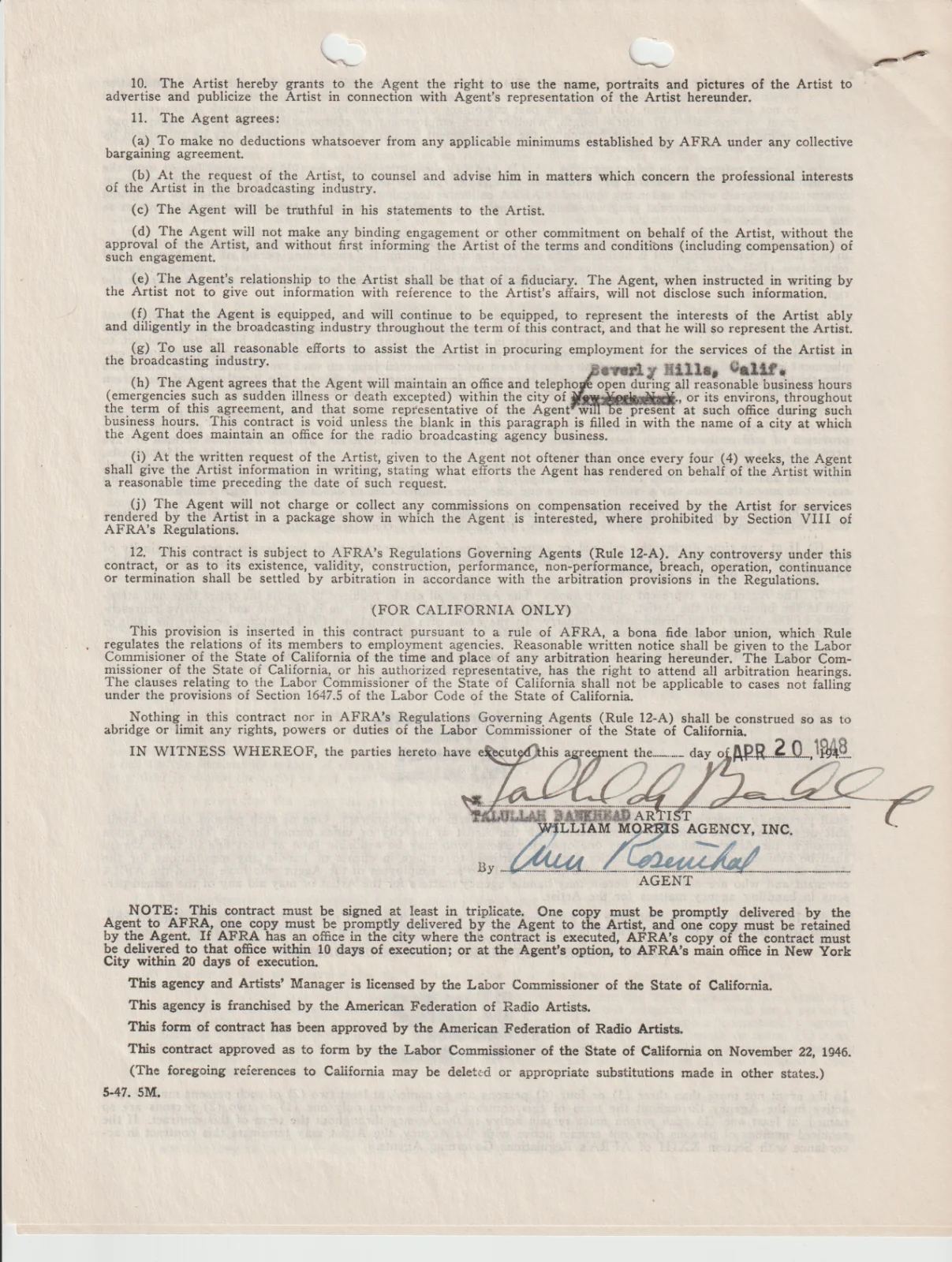 Talullah Bankhead — 1948 DOCUMENT SIGNED by TALUKLLAH BANKHEAD - Actress - William Morris Agency, image 4