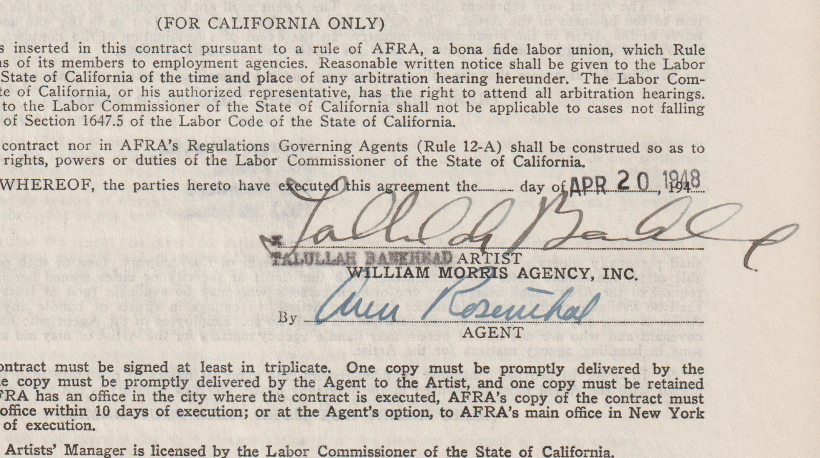 Talullah Bankhead — 1948 DOCUMENT SIGNED by TALUKLLAH BANKHEAD - Actress - William Morris Agency, image 5