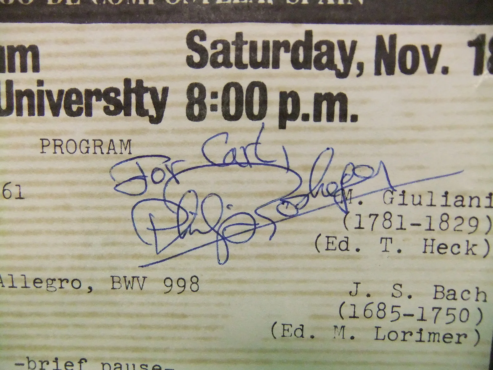 Philip Rosheger Autographed Concert Hand Bill Memphis TN Classical Guitar Signed, image 2