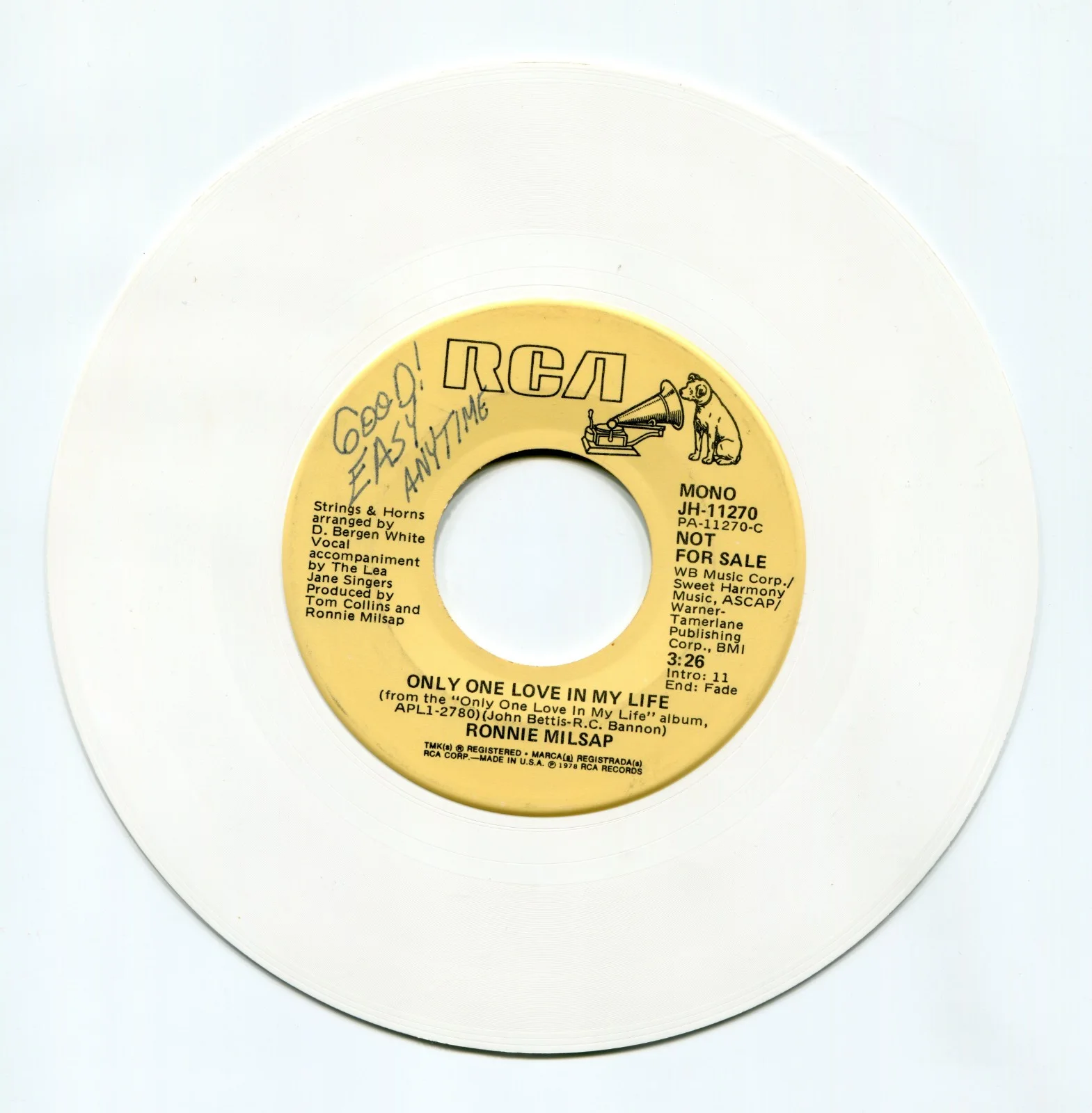 Ronnie Milsap Autographed Promotional 45 on White Vinyl - Rare, image 2