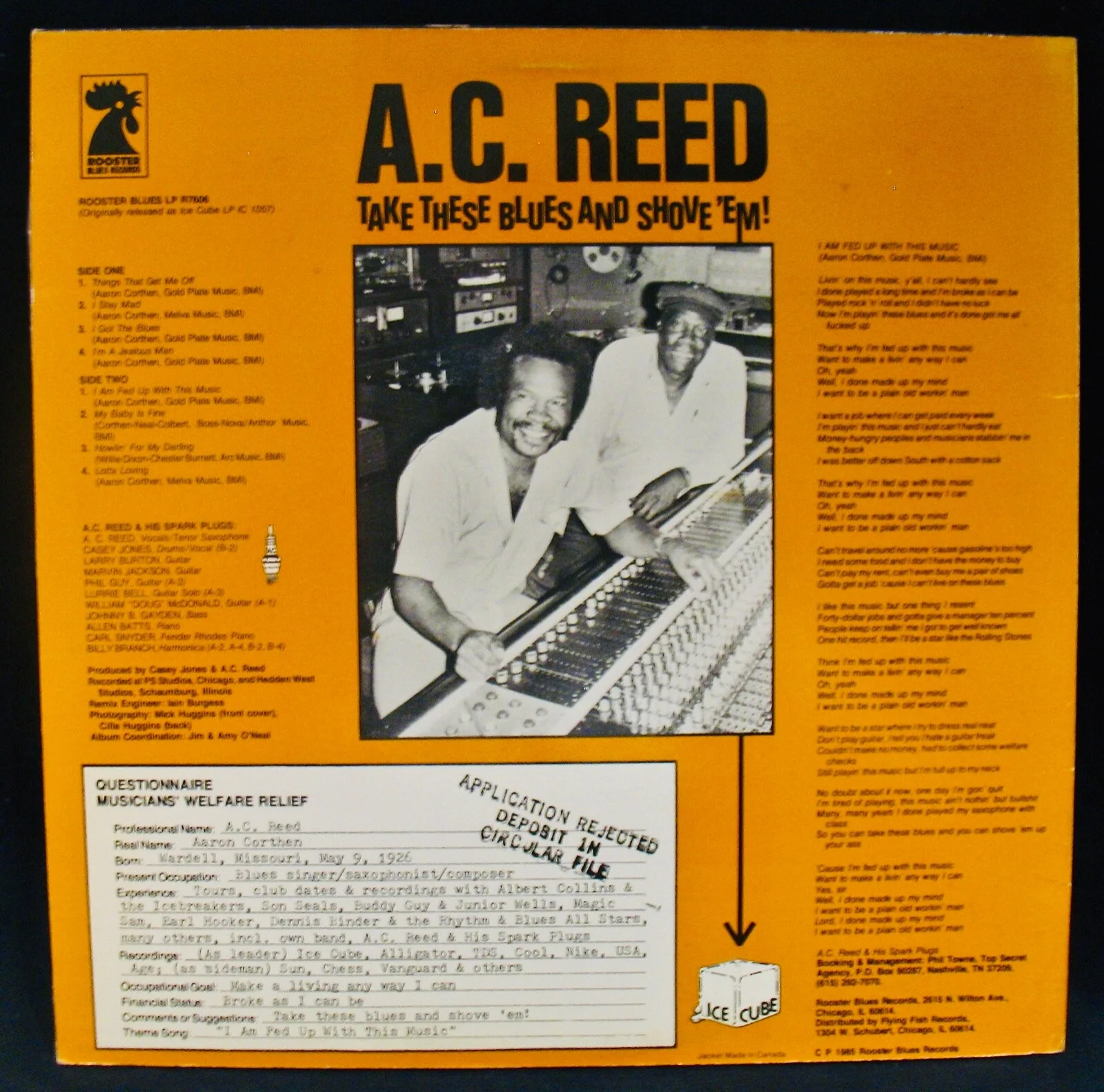 A.C. REED & HIS SPARKPLUGS~Autographed TAKE THESE BLUES Album~ROOSTER #LPR-7606, изображение 4