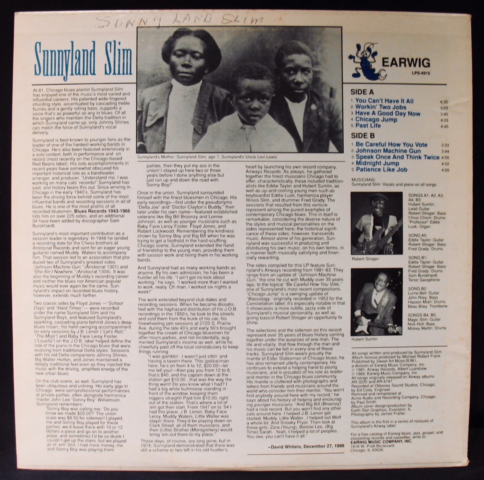 SUNNYLAND SLIM ✦ Autographed BE CAREFUL HOW YOU VOTE Album~EARWIG #LPS-4915, изображение 4