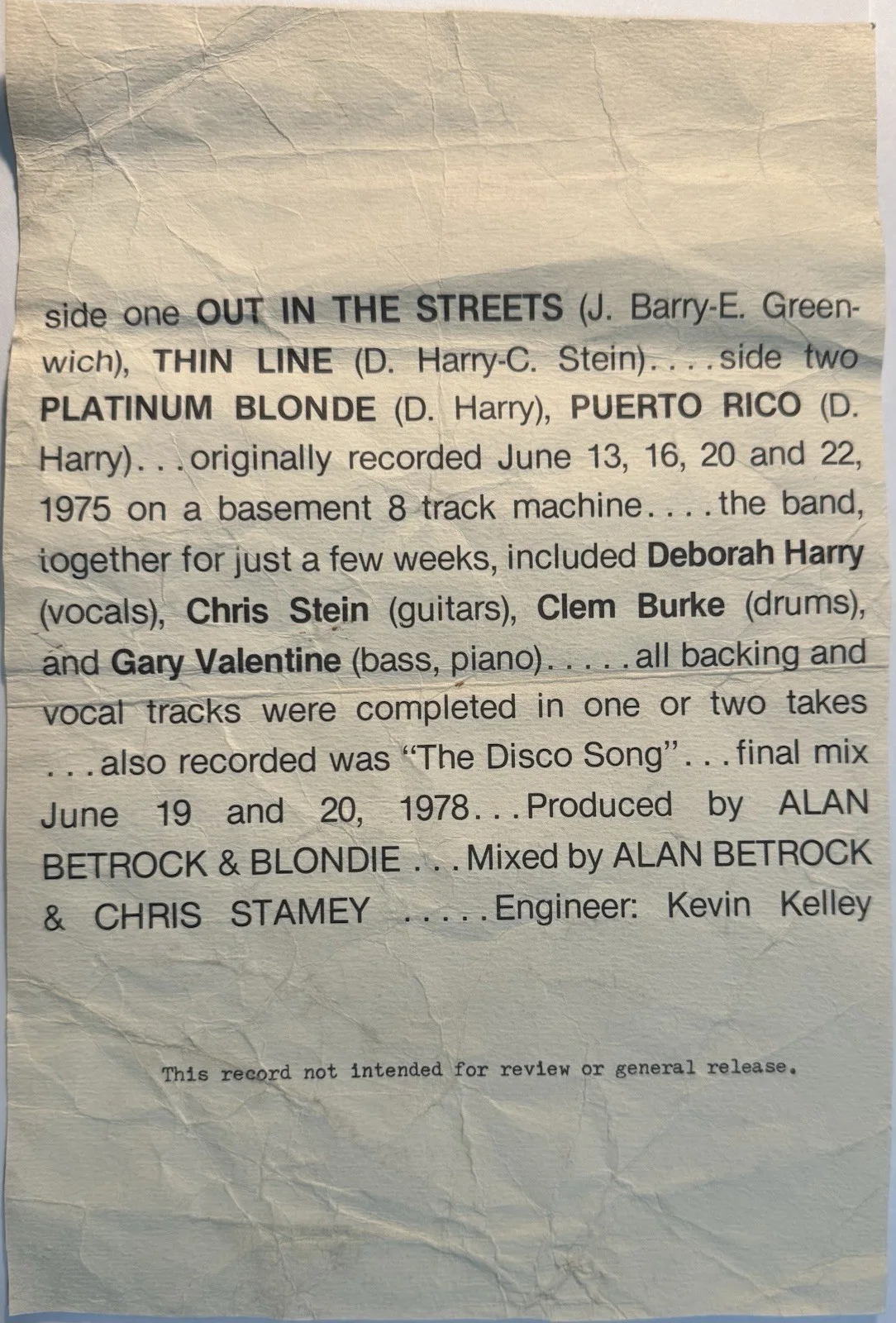 Blondie 7” Out In The Streets, Platinum Blonde, 1975 Press Release With Bio, image 2