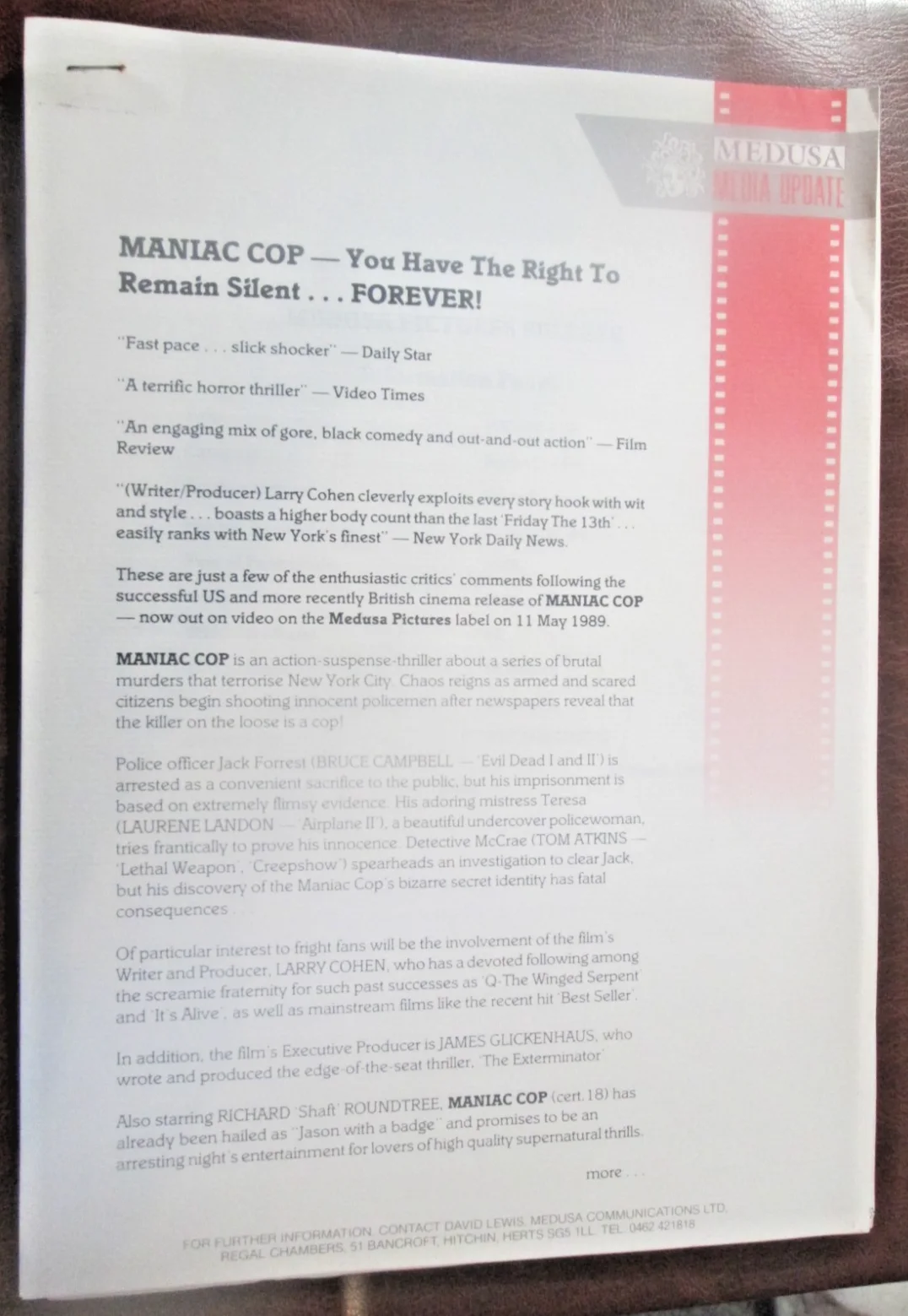 MANIAC COP Various press releases 13.x.pages lot, image 2