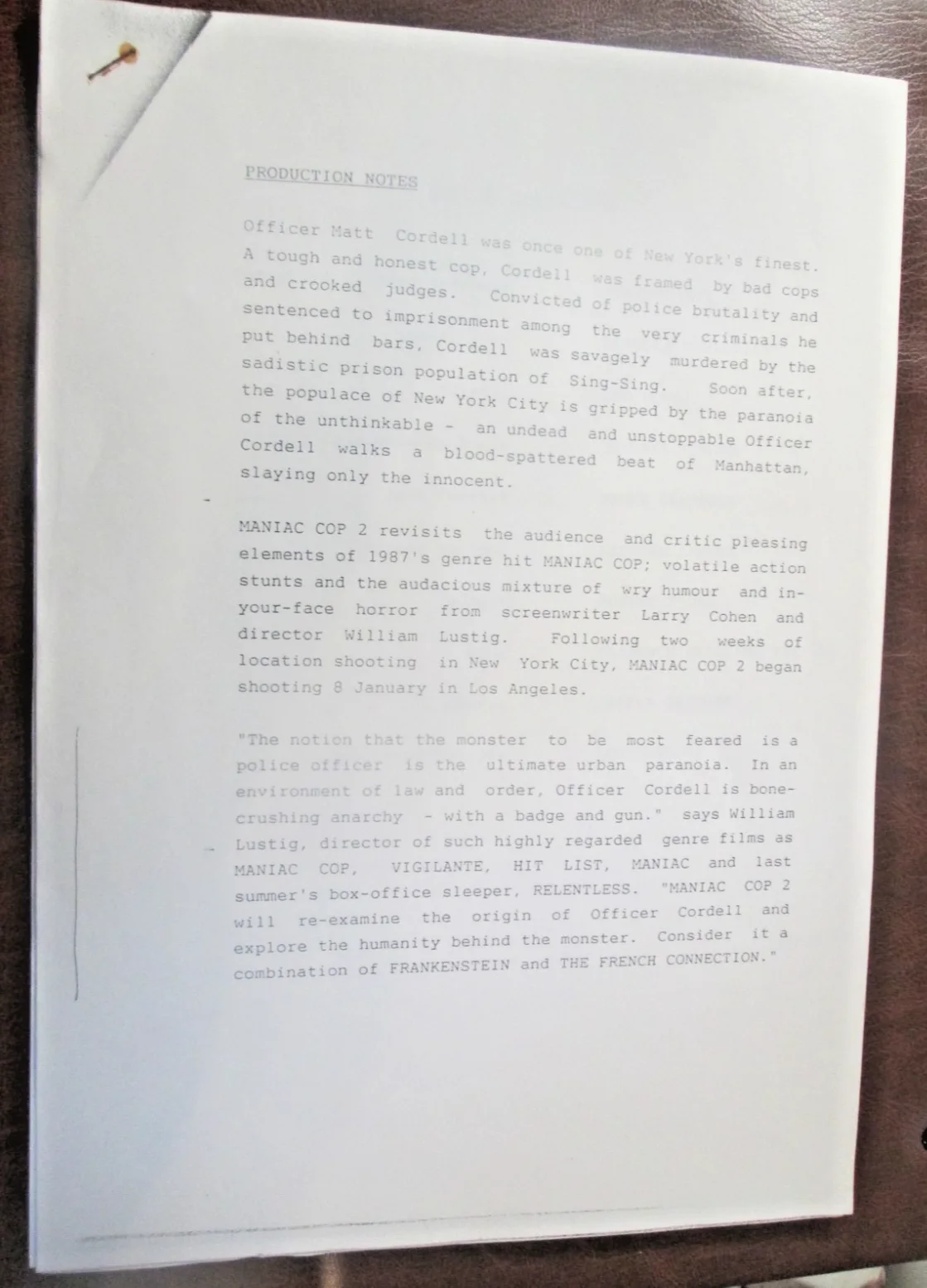MANIAC COP Various press releases 13.x.pages lot, image 5