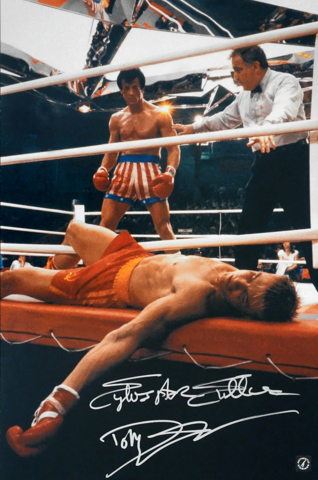 Sylvester Stallone and Dolph Lundgren — Sylvester Stallone & Lundgren Autographed 16x24 ROCKY IV KO Photo 2 ASI Proof