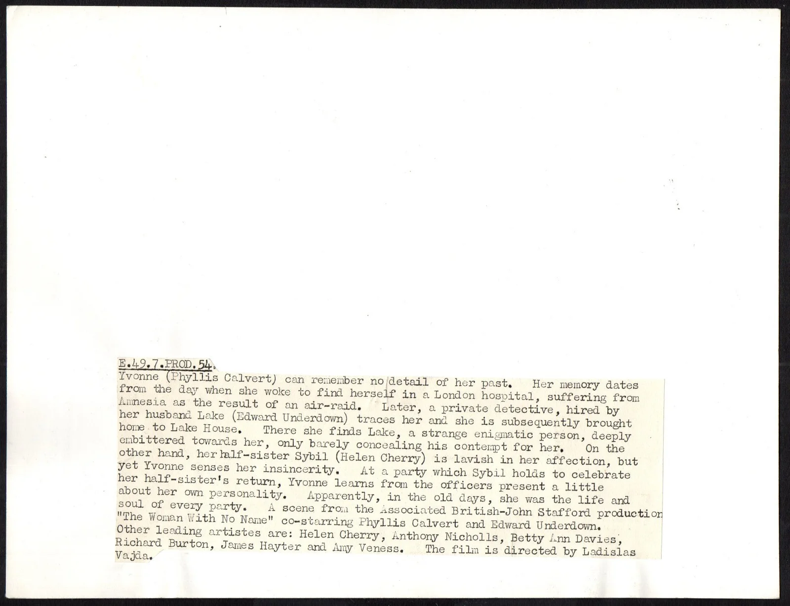 WOMAN WITH NO NAME 1950 Phyllis Calvert, Bill Shine 10x8 STILL #54, image 2