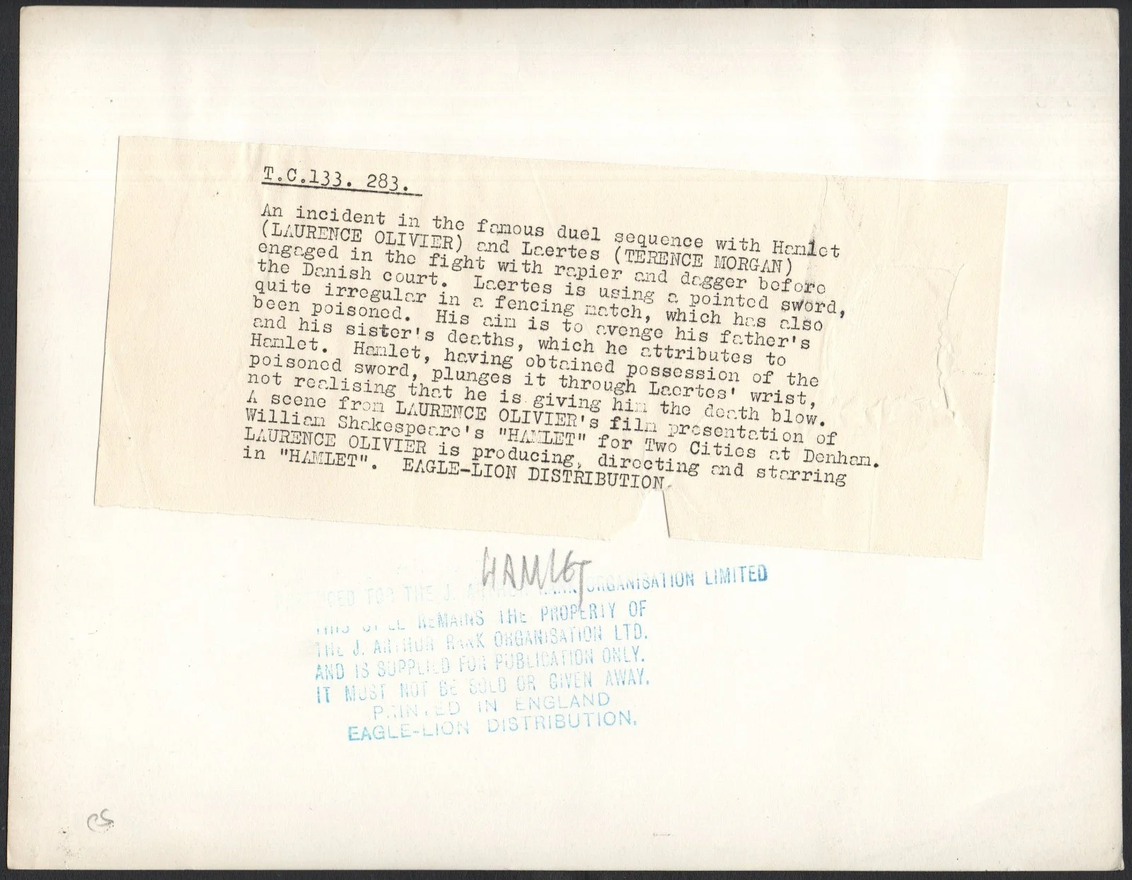 HAMLET 1948 Laurence Olivier Terence Morgan William Shakespeare 10x8 STILL #283, изображение 2