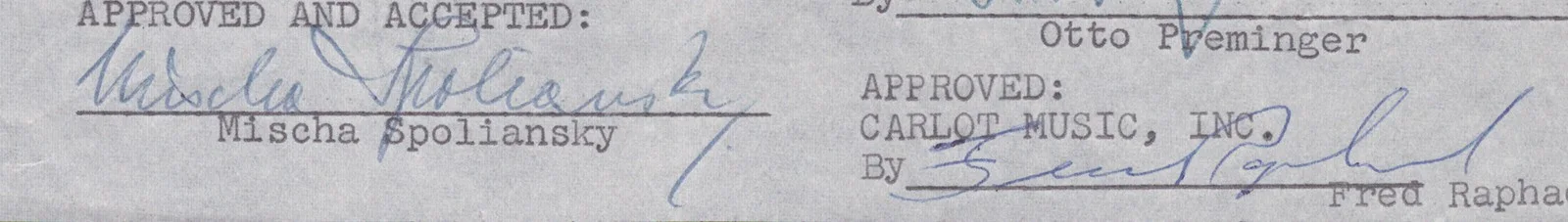 Otto Preminger, Fred Raphael, Mischa Spoliansky — OTTO PREMINGER - DOCUMENT SIGNED 01/18/1957 WITH CO-SIGNERS, image 3