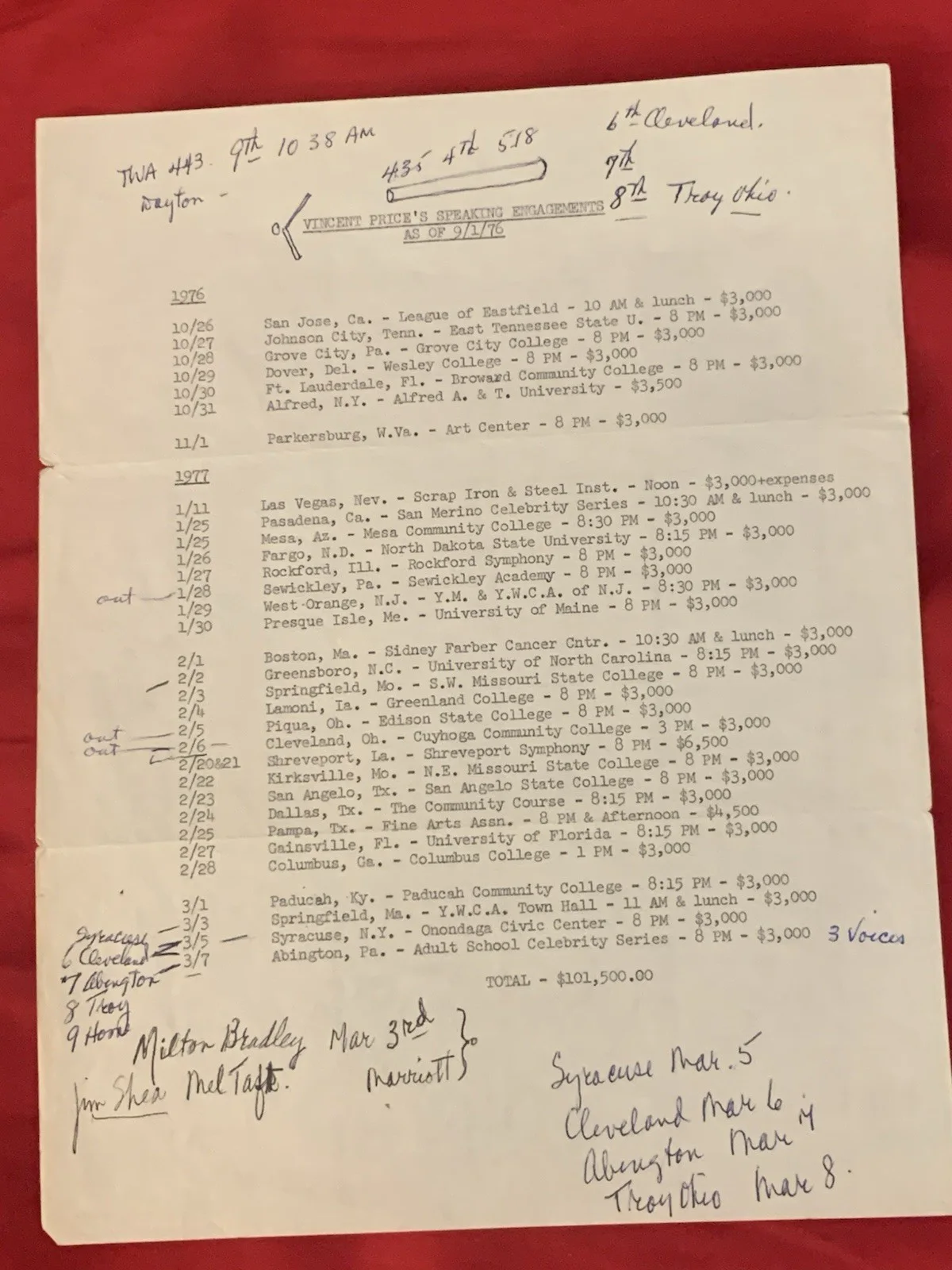 Vincent Price — Vincent Price Estate Fascinating Performance Itinerary With Handwriting! 16L