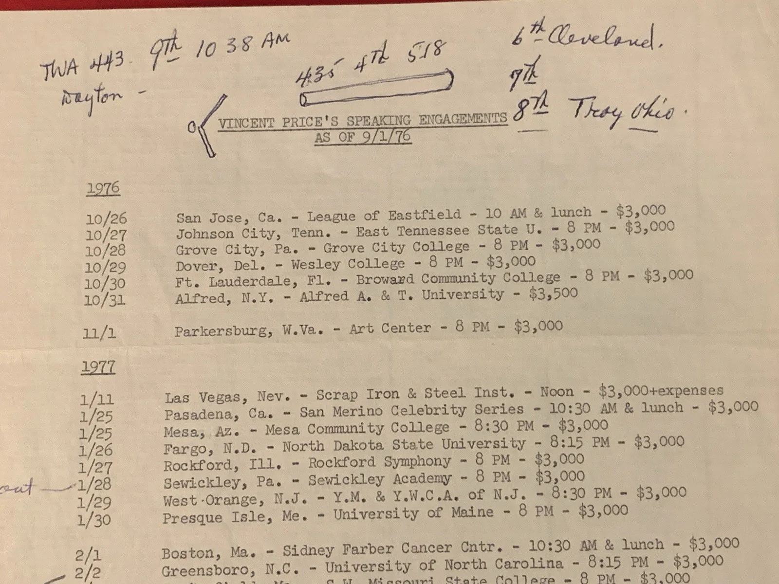 Vincent Price — Vincent Price Estate Fascinating Performance Itinerary With Handwriting! 16L, image 2