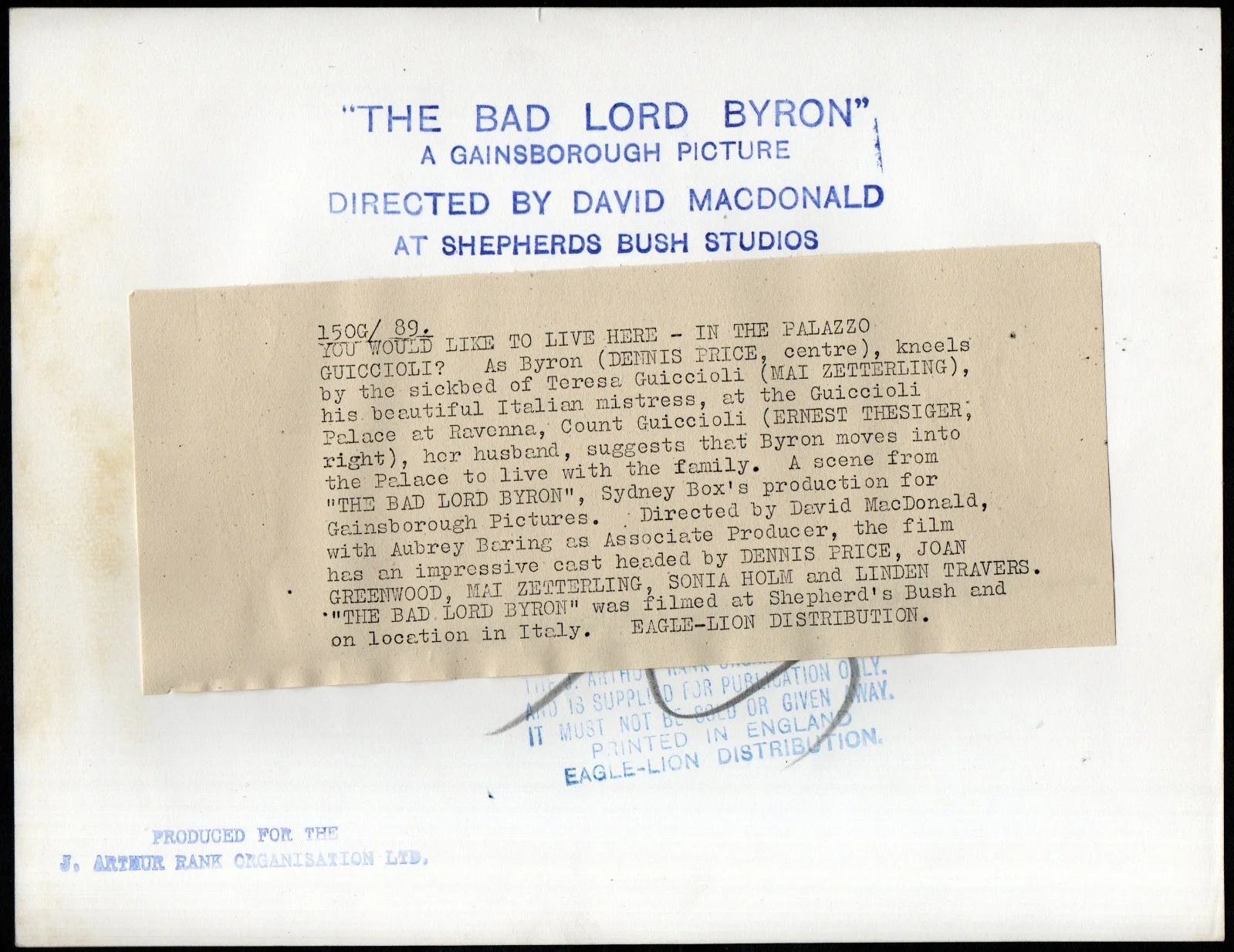 BAD LORD BYRON 1949 Dennis Price, Mai Zetterling, Ernest Thesiger 10x8 STILL #89, изображение 2