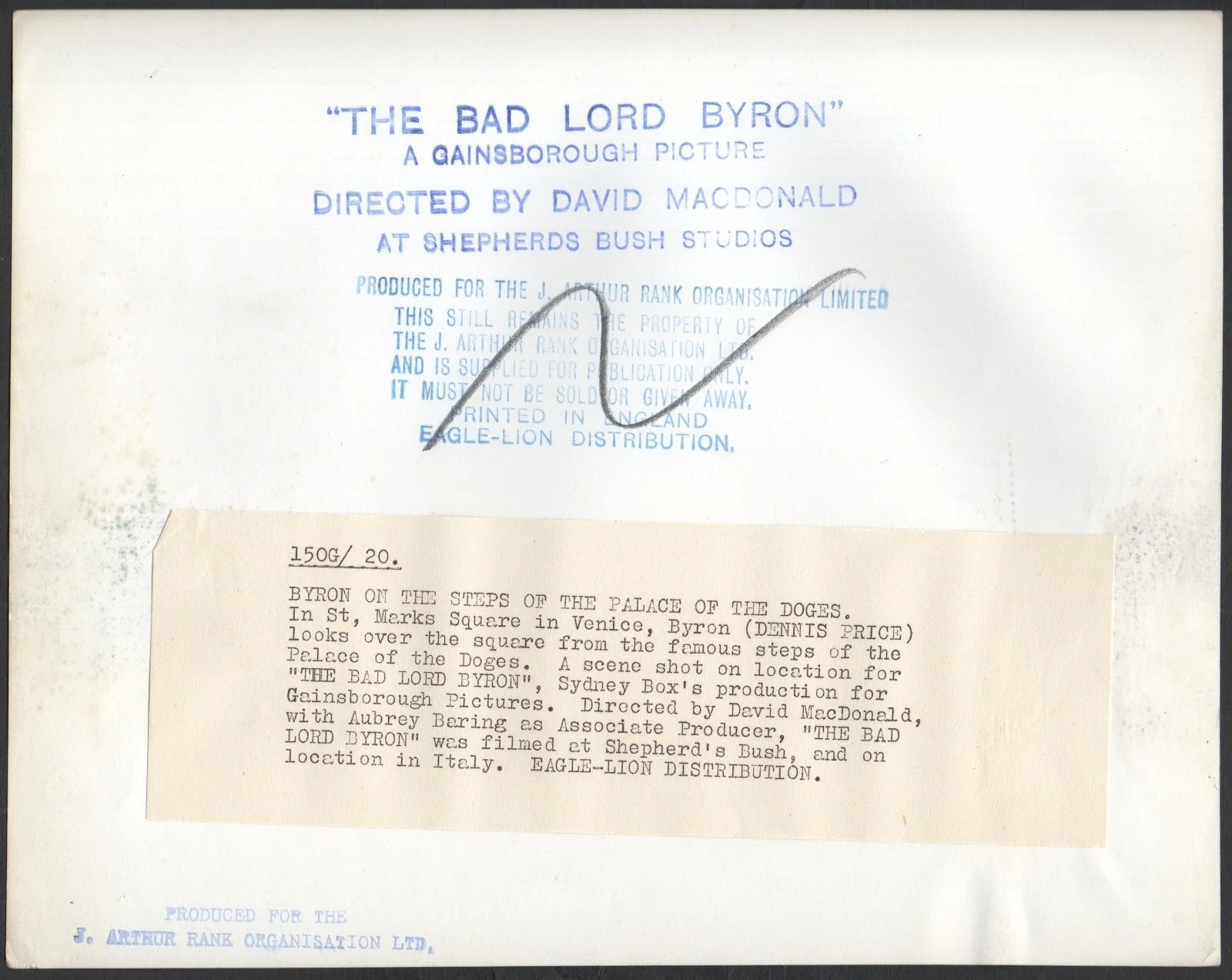 BAD LORD BYRON 1949 Dennis Price, Doge’s Palace Venice 10x8 STILL #20, изображение 2