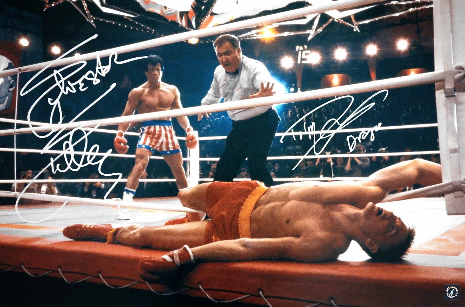 Sylvester Stallone and Dolph Lundgren — Sylvester Stallone & Lundgren Autographed 16x24 ROCKY IV KO Photo ASI Proof