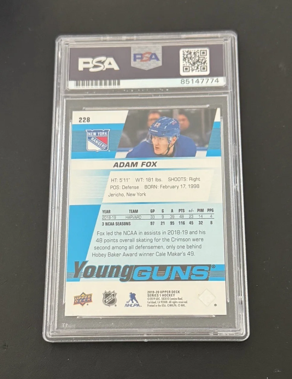 Adam Fox — ADAM FOX SIGNED 2019-20 UPPER DECK YOUNG GUNS CARD GEM MINT 10 PSA/DNA, image 2