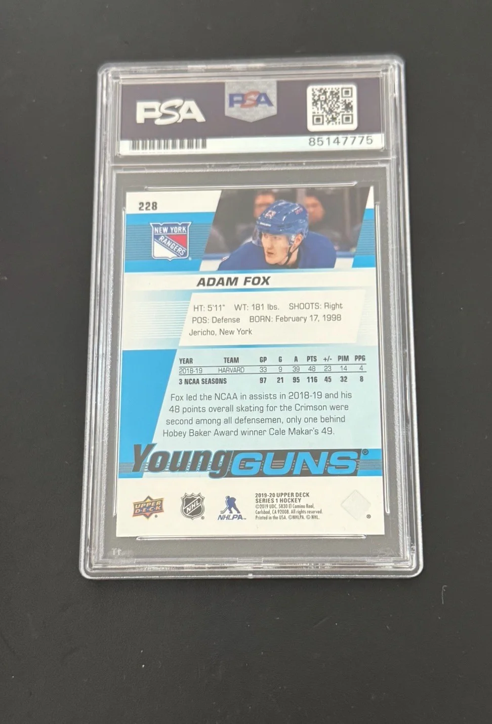 Adam Fox — ADAM FOX SIGNED 2019-20 UPPER DECK YOUNG GUNS #228 CARD GEM MINT 10 PSA/DNA, image 2