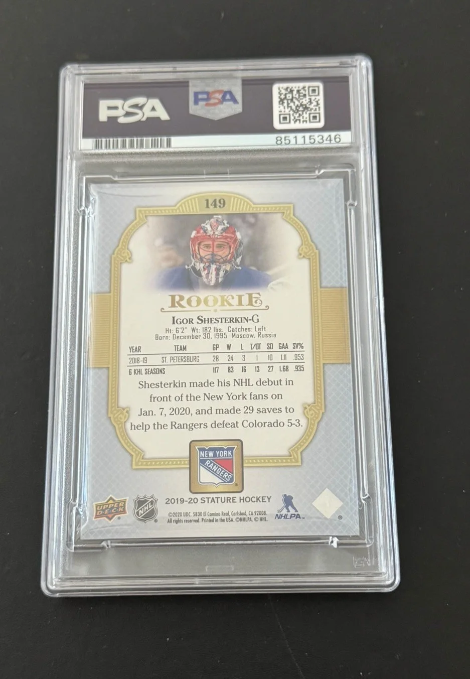 Igor Shesterkin — IGOR SHESTERKIN SIGNED 2019-20 UPPER DECK ROOKIE 85 CARD GEM MINT 10 PSA/DNA, image 2