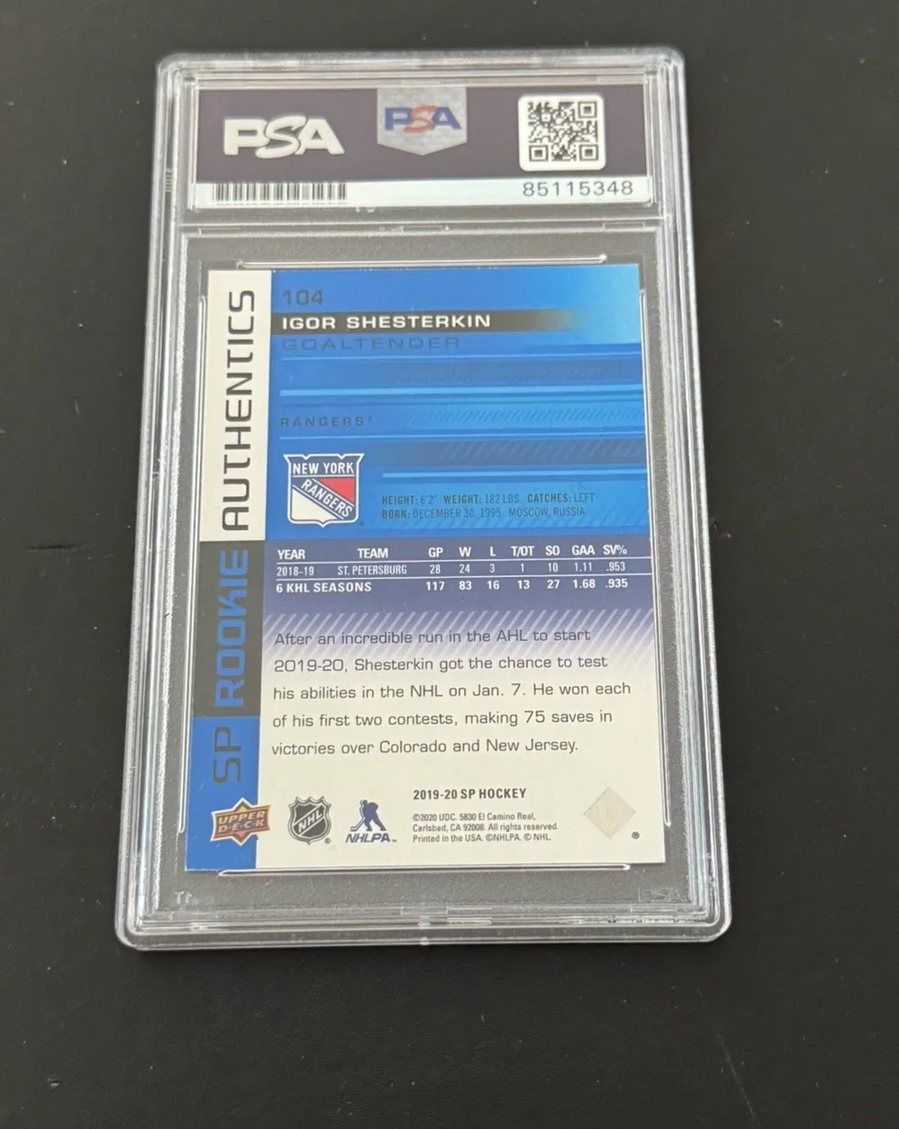 Igor Shesterkin — IGOR SHESTERKIN SIGNED 2019-20 UPPER DECK ROOKIE 104 CARD GEM MINT 10 PSA/DNA, изображение 2