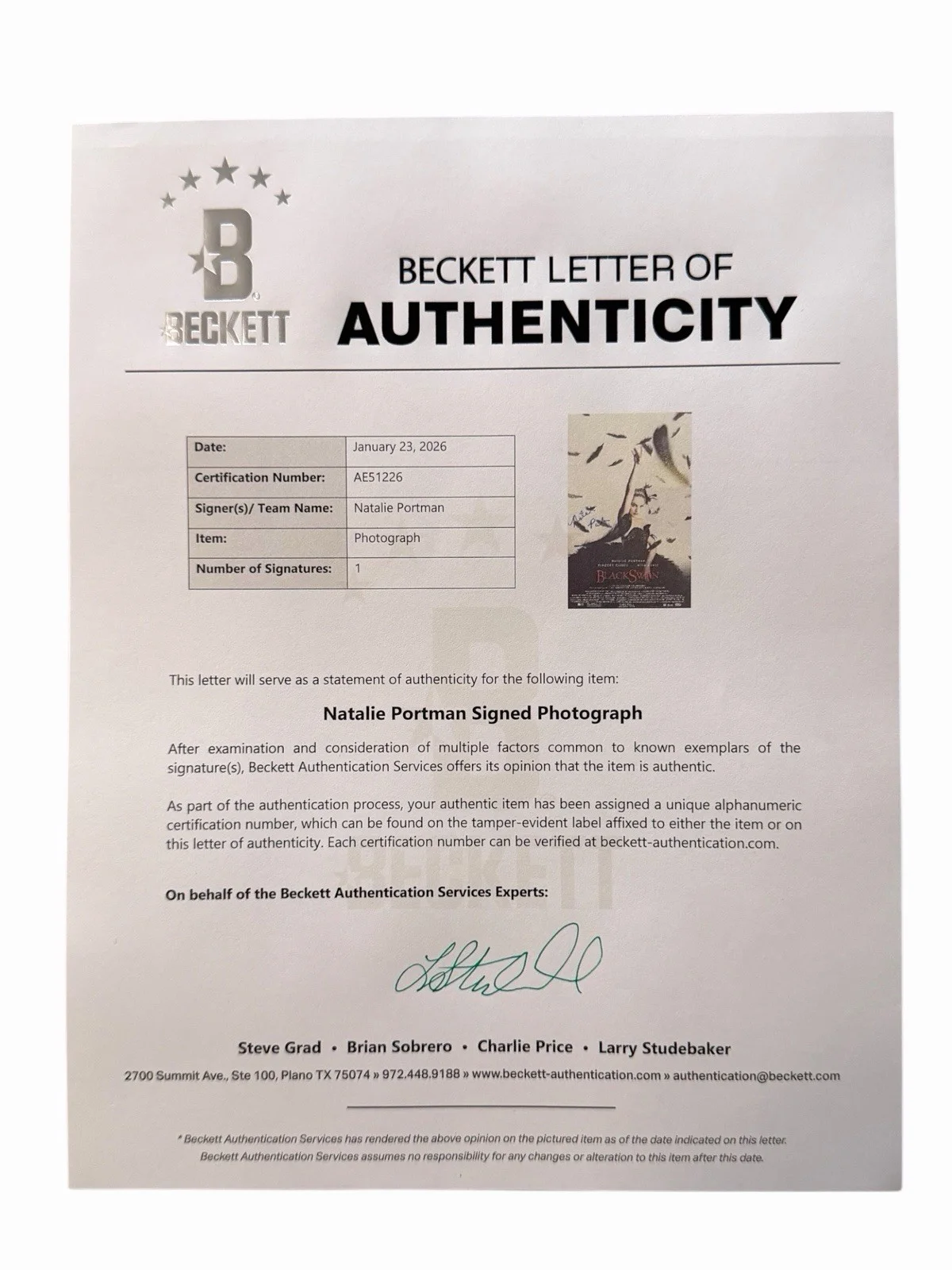 NATALIE PORTMAN SIGNED AUTOGRAPHED BLACK SWAN 11x17 PHOTO BECKETT LOA W/PROOF, изображение 5