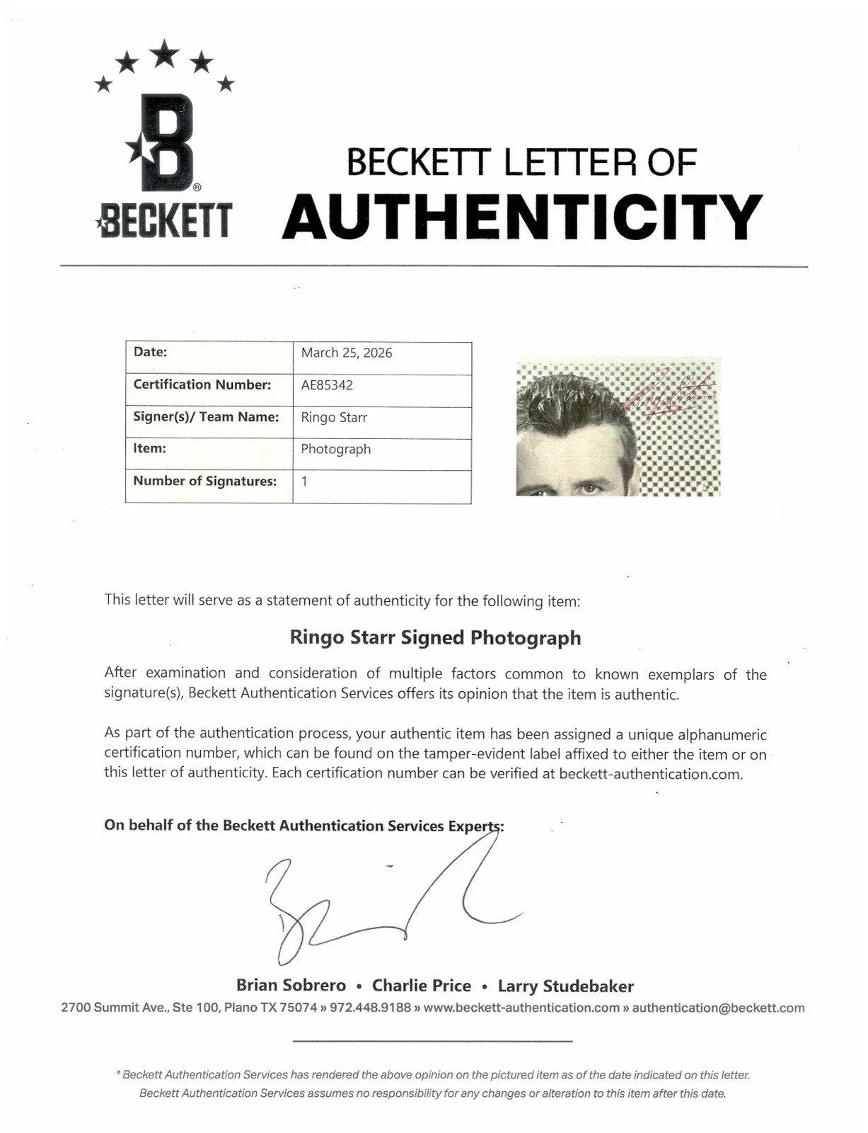 Ringo Starr Signed Autographed 8x10 Photo Beckett BAS Letter The Beatles, image 3