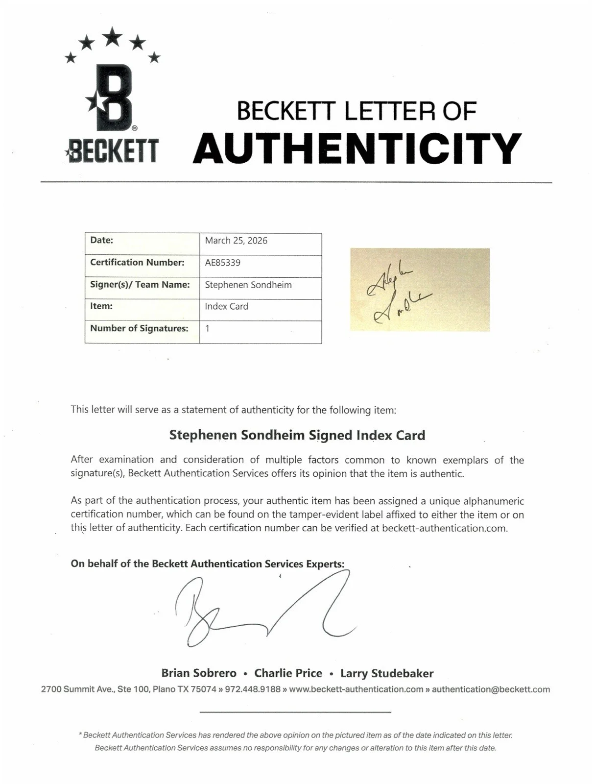 Stephen Sondheim Signed Autographed 3x5 Card Beckett BAS Letter West Side Story, image 3