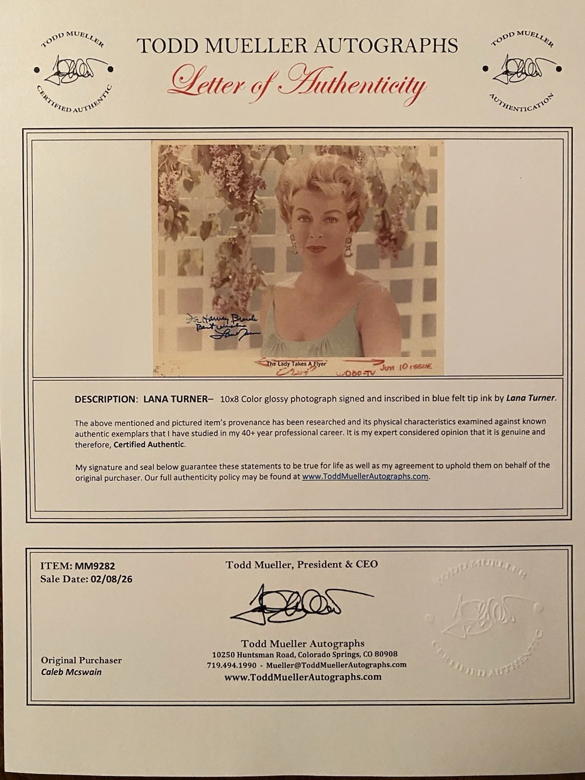 Lana Turner — Lana Turner Signed Autographed Photo With COA The Lady Takes A Flyer, image 4