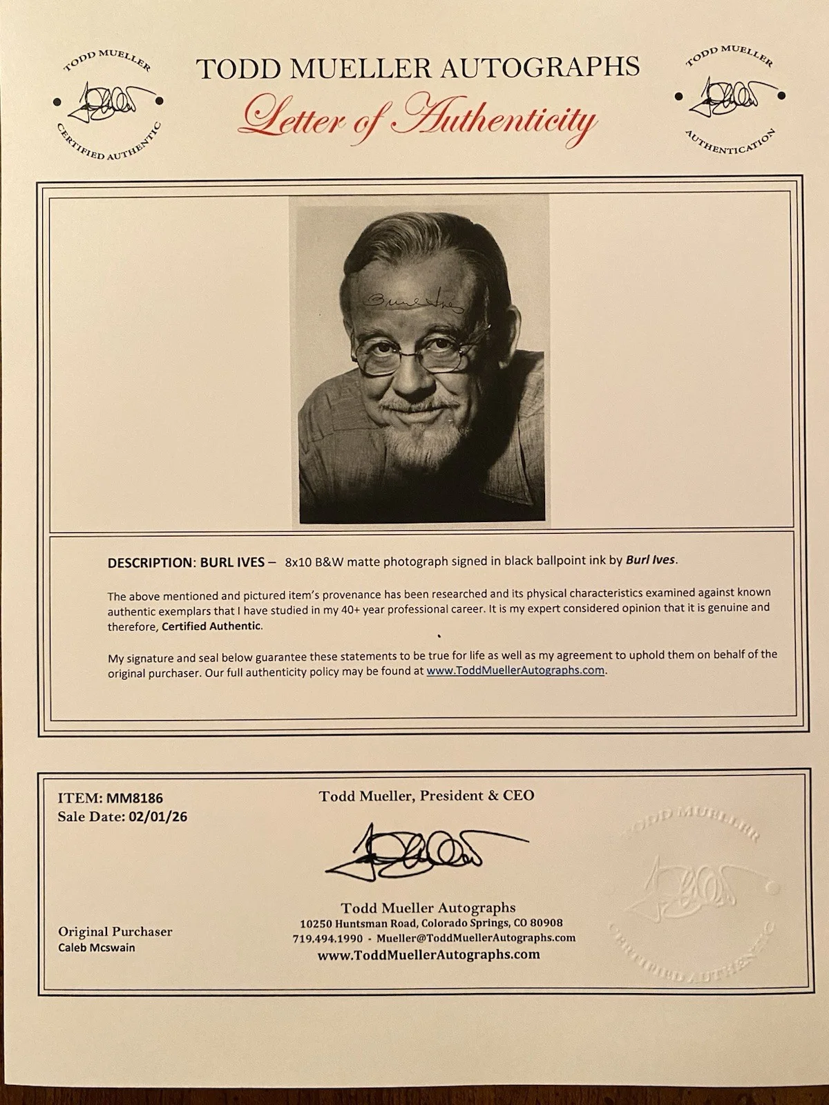 Burl Ives — Burl Ives Signed Autographed Photo With COA Rudolph The Red Nosed Reindeer Etc, изображение 4