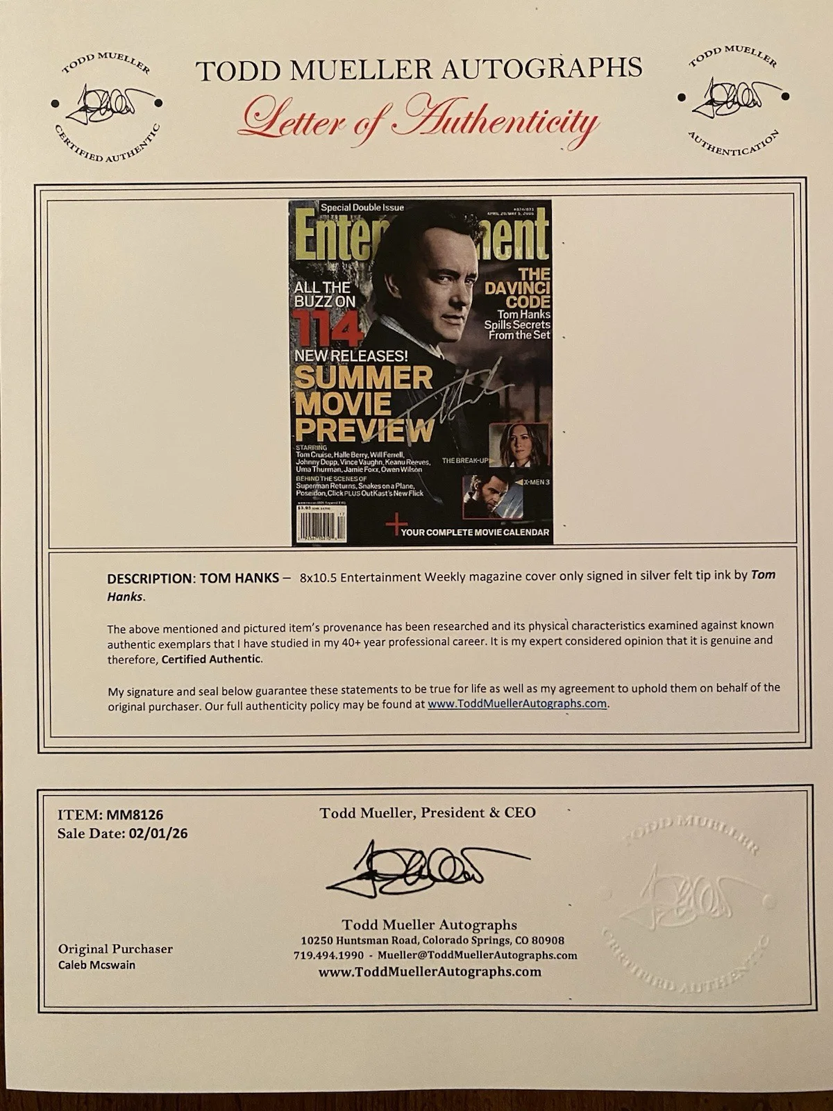 Tom Hanks — Tom Hanks Signed Autographed Entertainment Weekly Cover w/ COA The Da Vinci Code, image 4