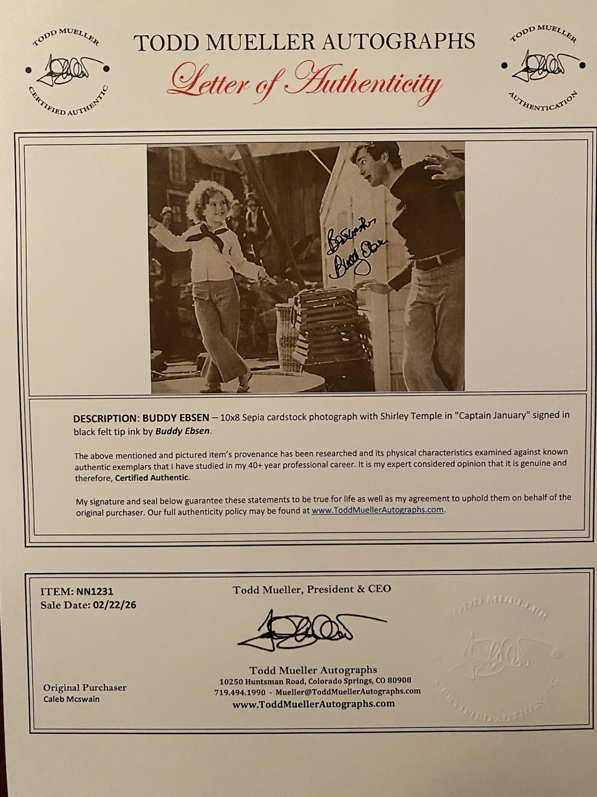 Buddy Ebsen — Buddy Ebsen Signed Autographed Photo With Shirley Temple w/ COA Captain January, изображение 4