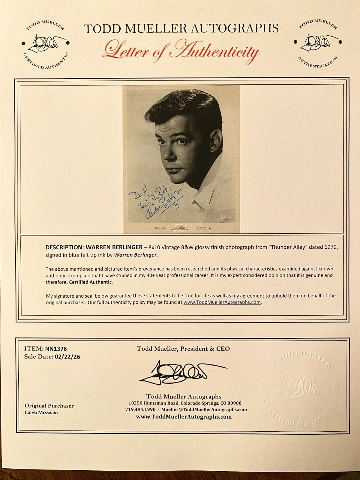 Warren Berlinger — Warren Berlinger Signed Autographed Vintage Photo With COA Thunder Alley NICE, изображение 5