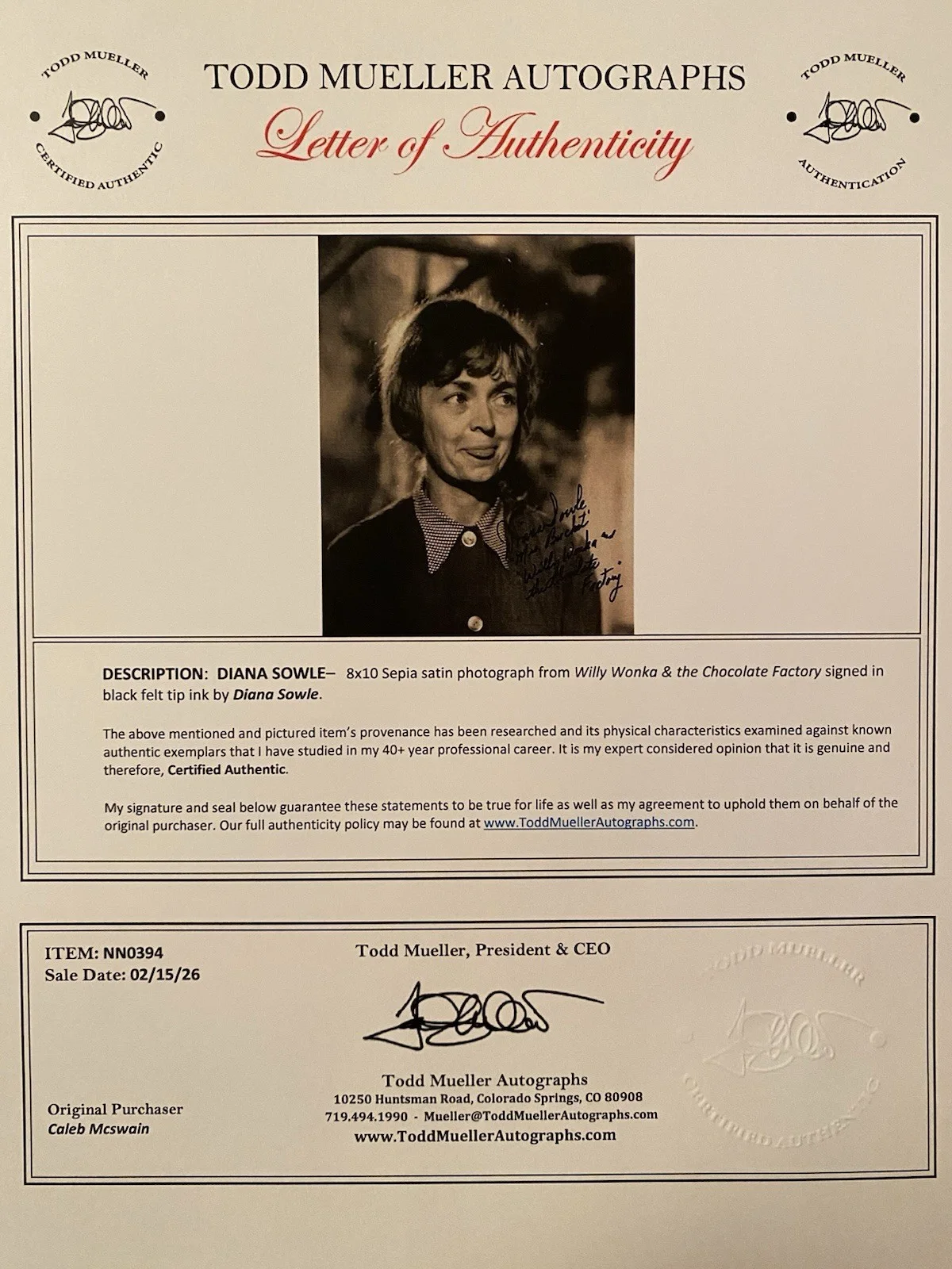 Diana Sowle — Diana Sowle Mrs Bucket Signed Autographed Photo With COA Willy Wonka And The Cho, изображение 4