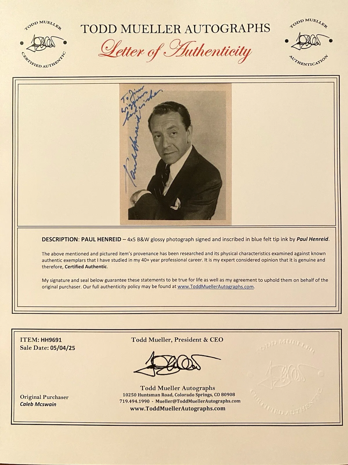 Paul Henreid — Paul Henreid Signed Autographed Photo With COA Casablanca Now Voyager Etc, изображение 4