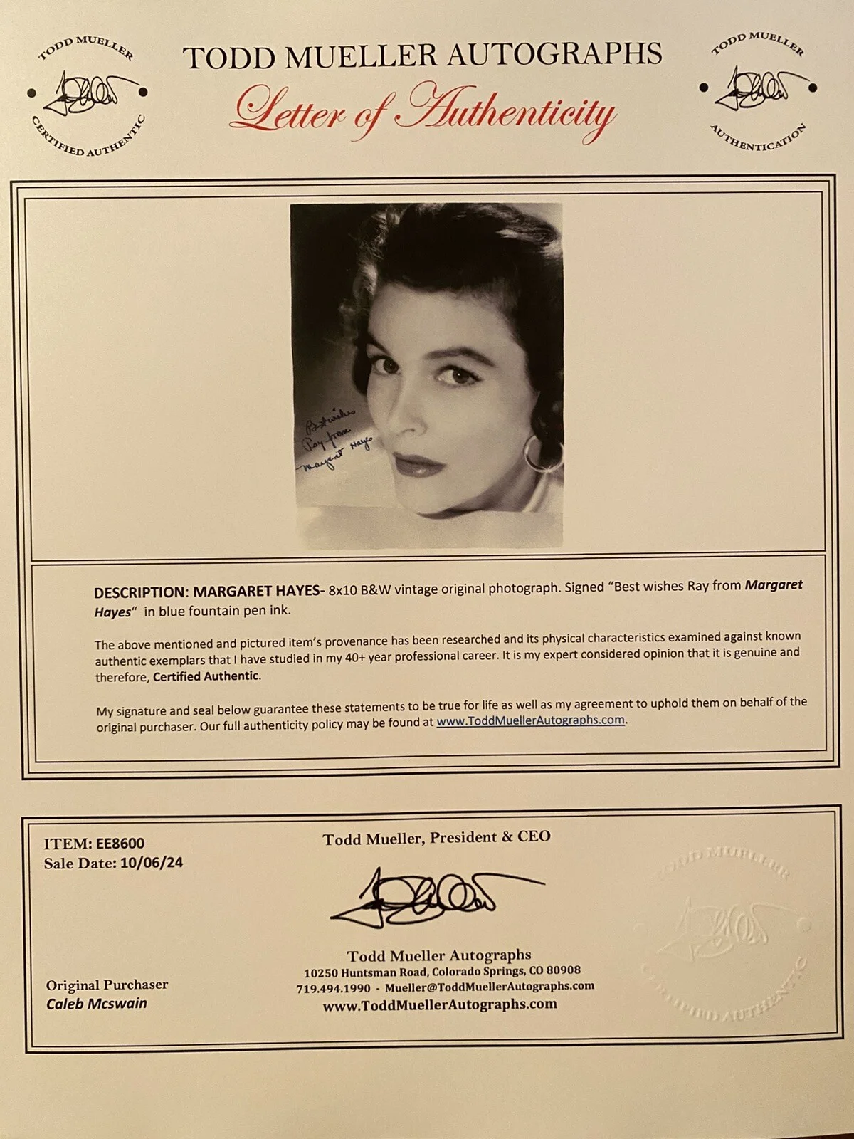 Margaret Hayes — Margaret Hayes Signed Photo With COA Blackboard Jungle Good Day For A Hanging, image 3