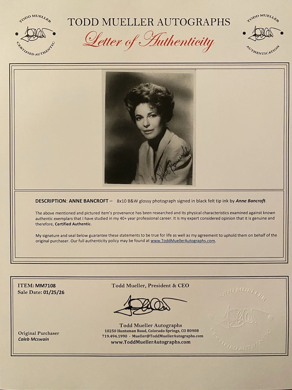 Anne Bancroft — Anne Bancroft Signed Autographed Photo With COA The Graduate The Miracle Worker, изображение 4