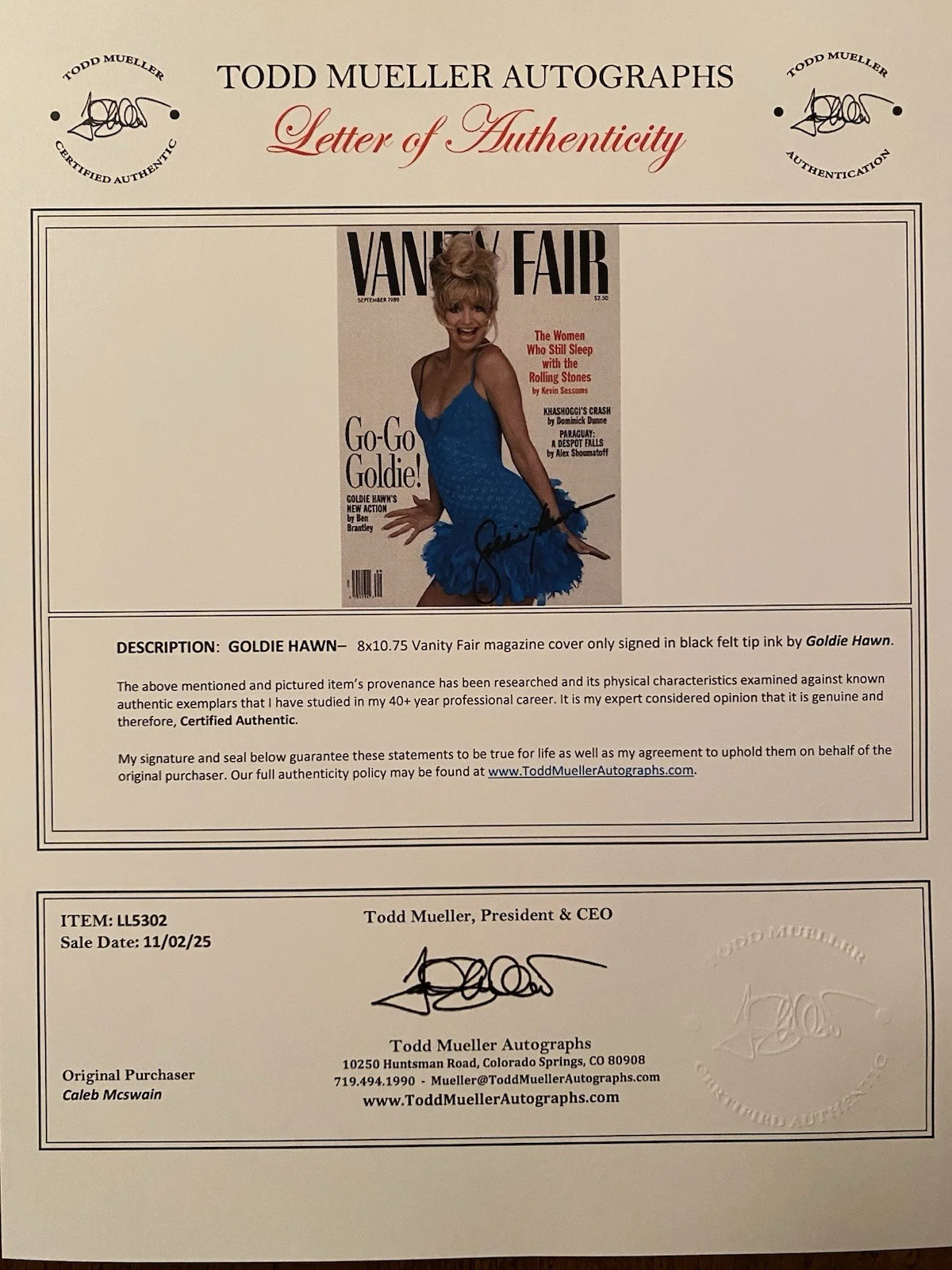 Goldie Hawn — Goldie Hawn Signed Autographed Vanity Fair Magazine With COA NICE Bird On A Wire, image 4