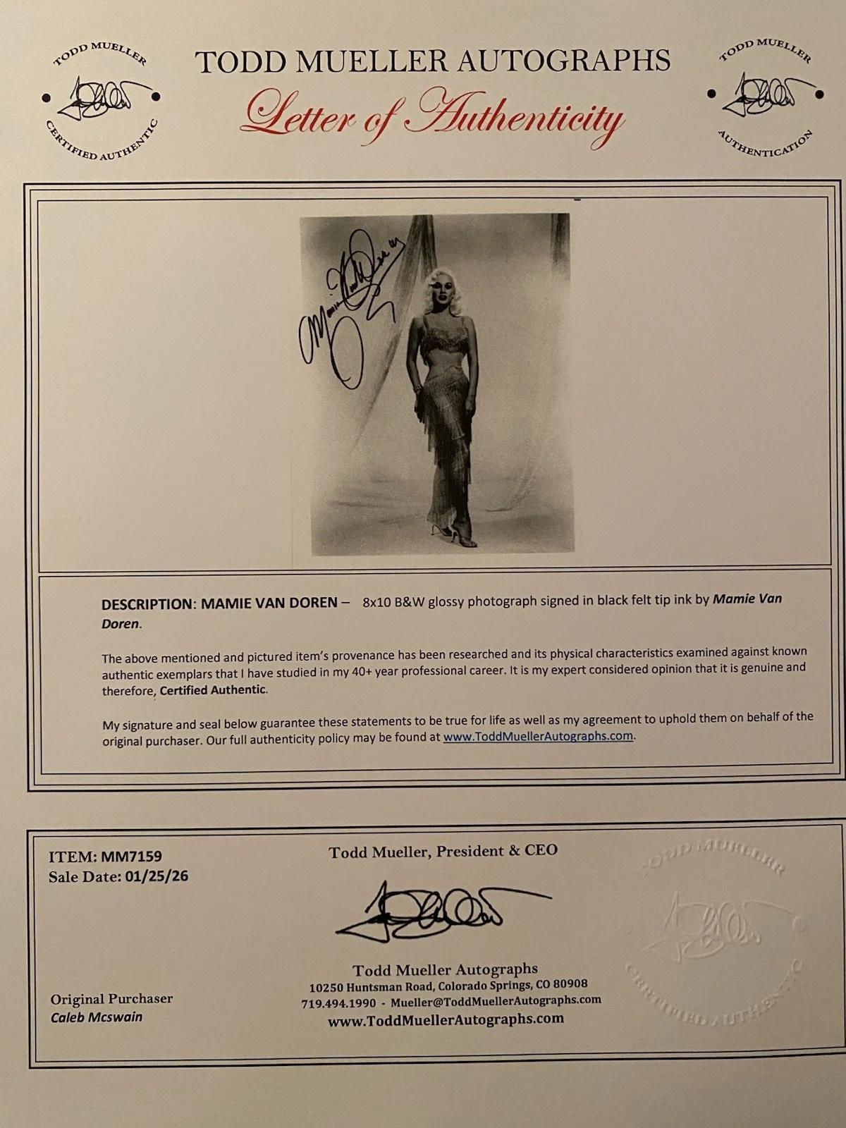 Mamie Van Doren — Mamie Van Doren Signed Autographed Photo With COA Teachers Pet Born Reckless Etc, image 4