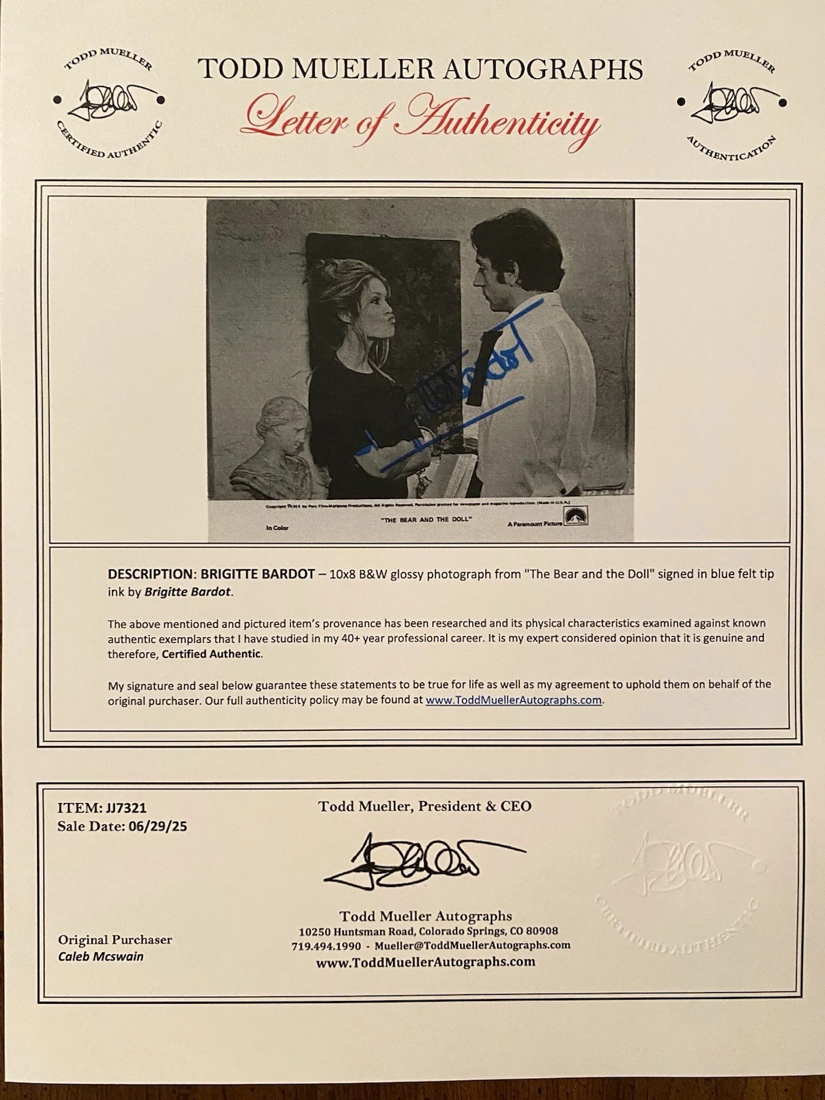 Brigitte Bardot — Brigitte Bardot Signed Autographed Photo With COA The Bear And The Doll Contempt, изображение 4