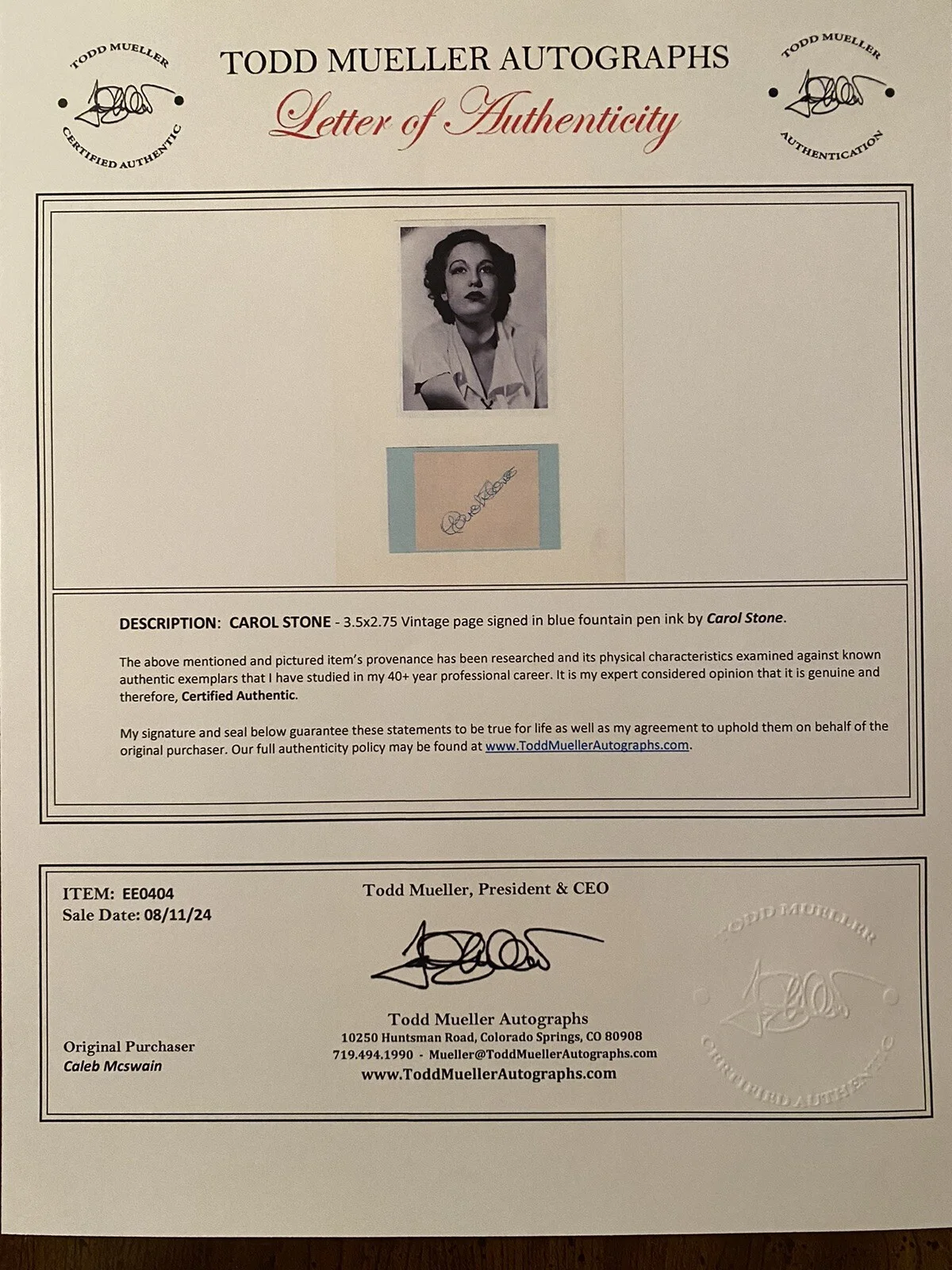 Carol Stone — Carol Stone Signed Autographed Page With COA The Life And Legend Of Wyatt Earp, изображение 4