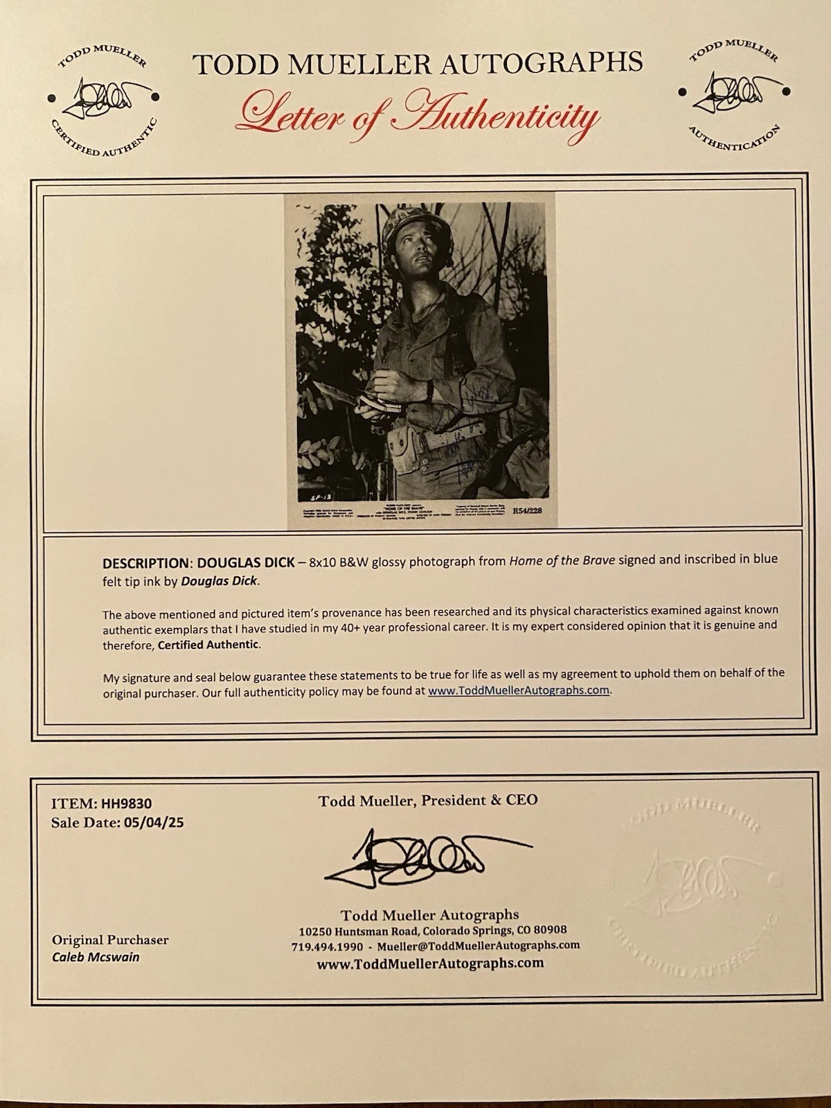Douglas Dick — Douglas Dick Signed Autographed Vintage Photo Home Of The Brave With COA Rope, изображение 4