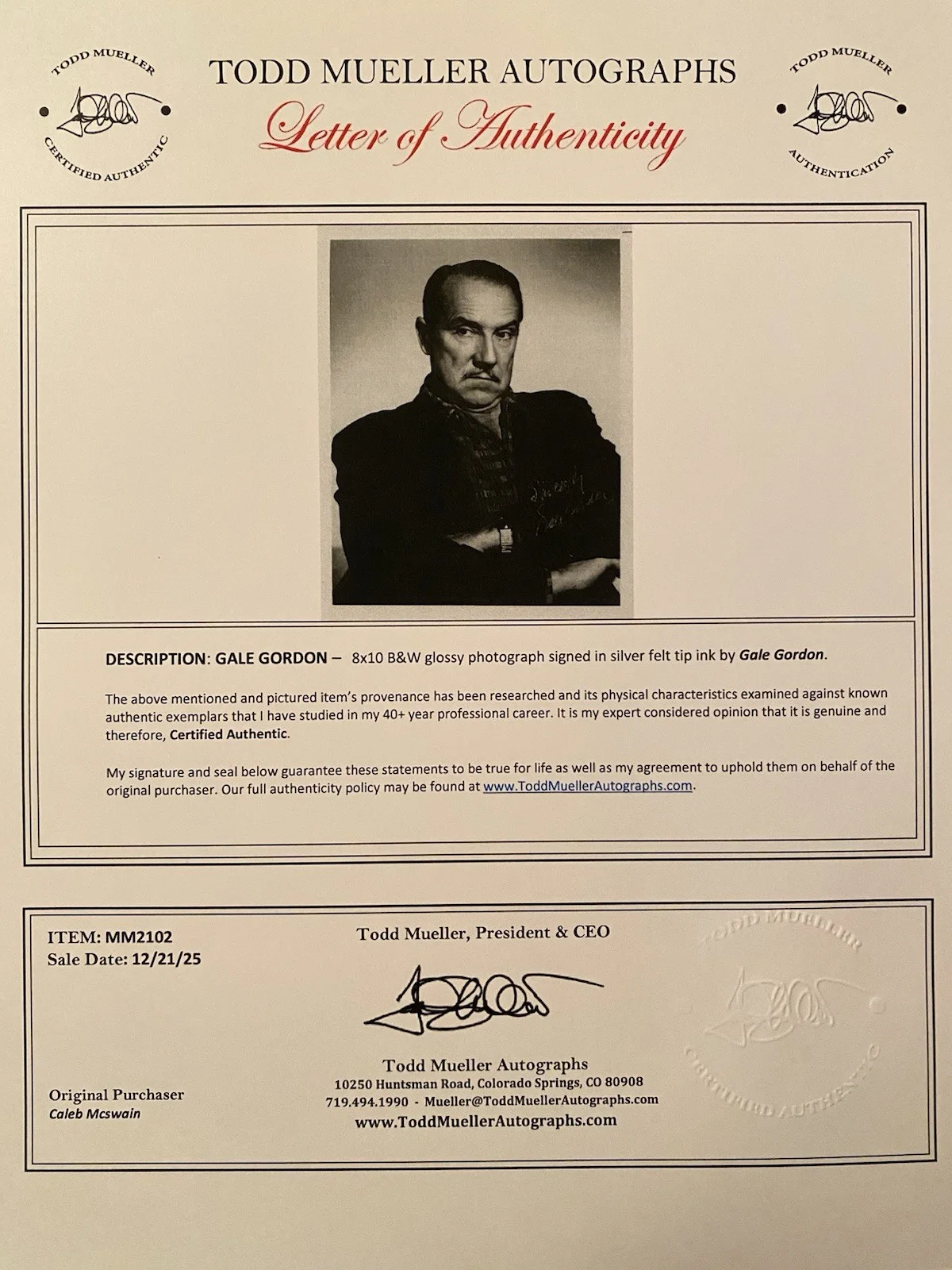 Gale Gordon — Gale Gordon Signed Autographed Photo With COA The Lucy Show Dennis The Menace, изображение 4